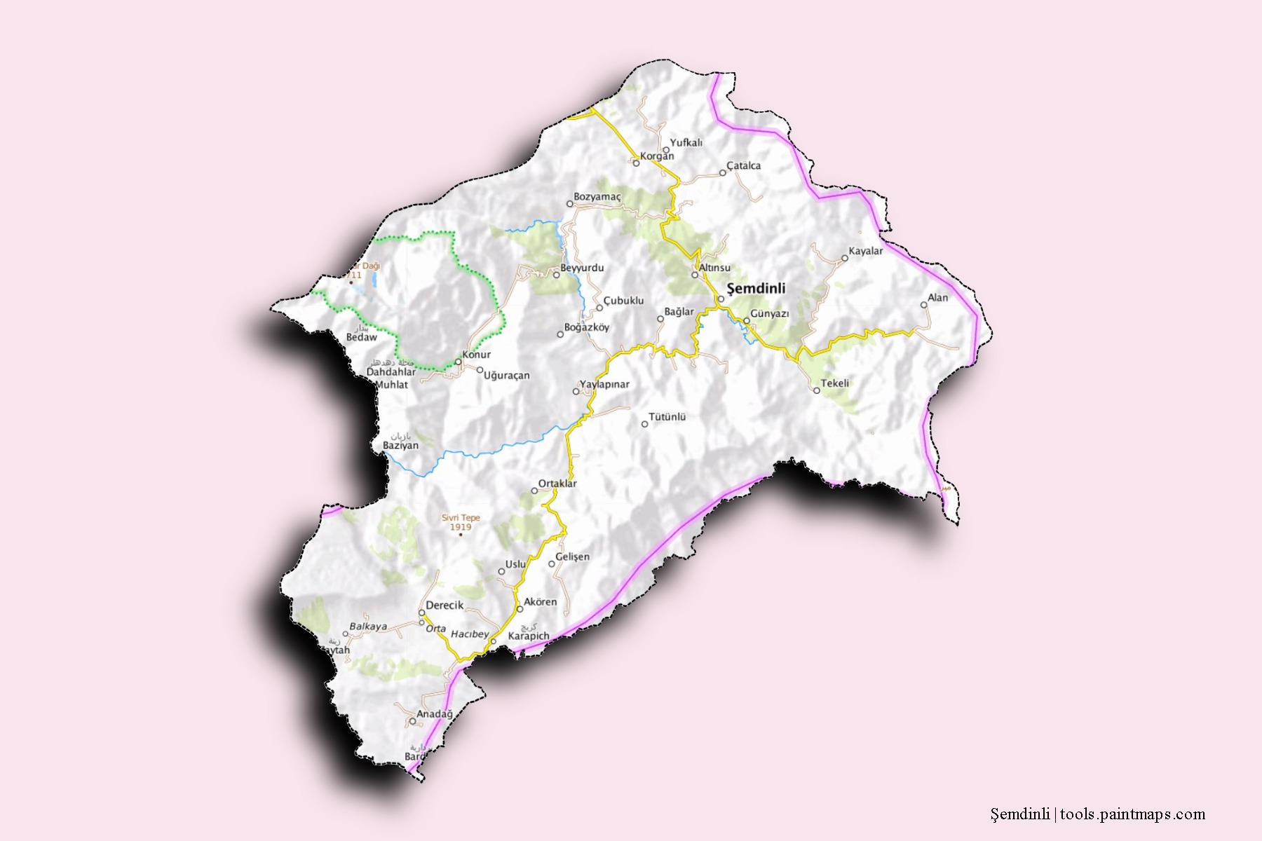 Mapa de barrios y pueblos de Şemdinli con efecto de sombra 3D