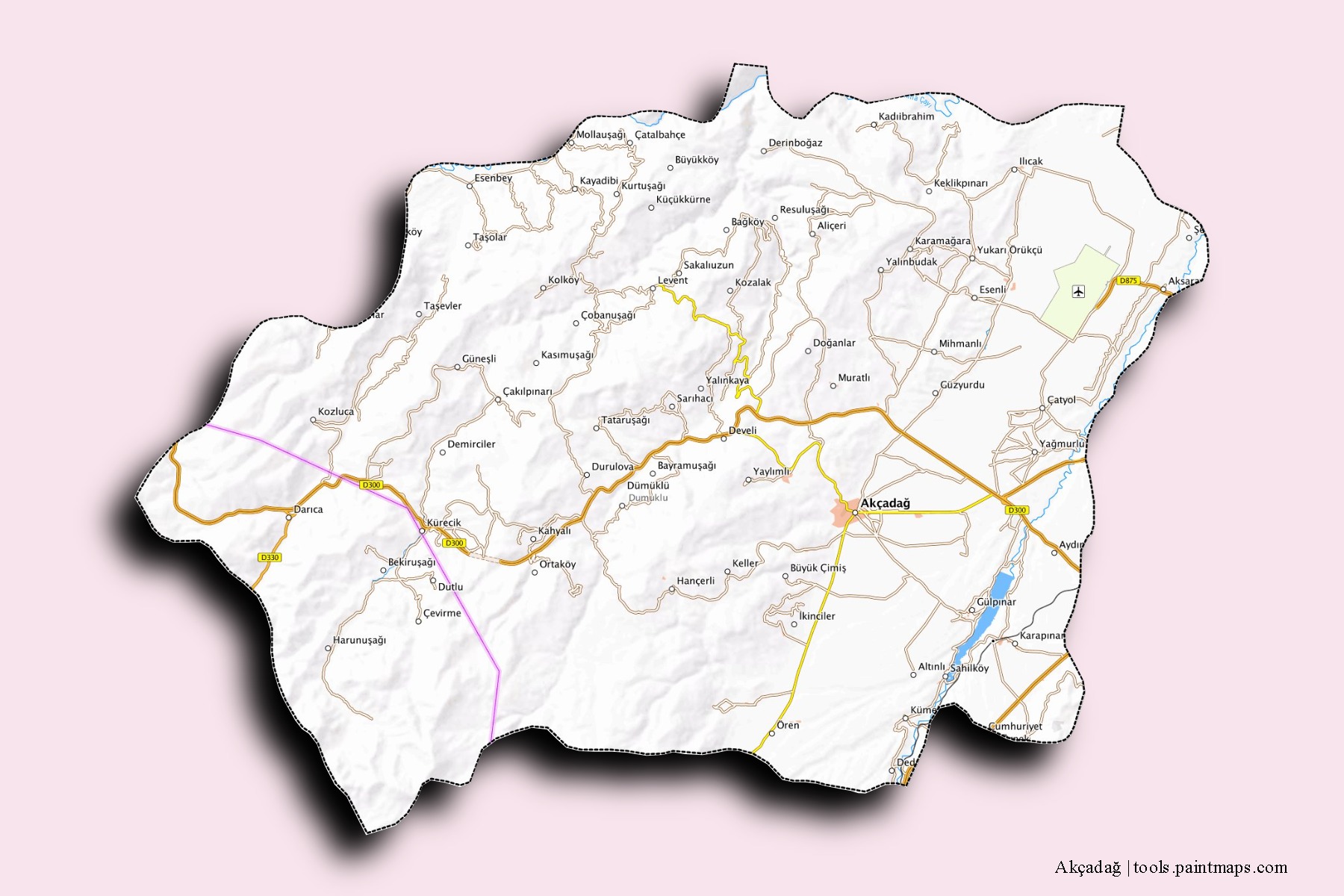 Mapa de barrios y pueblos de Akçadağ con efecto de sombra 3D