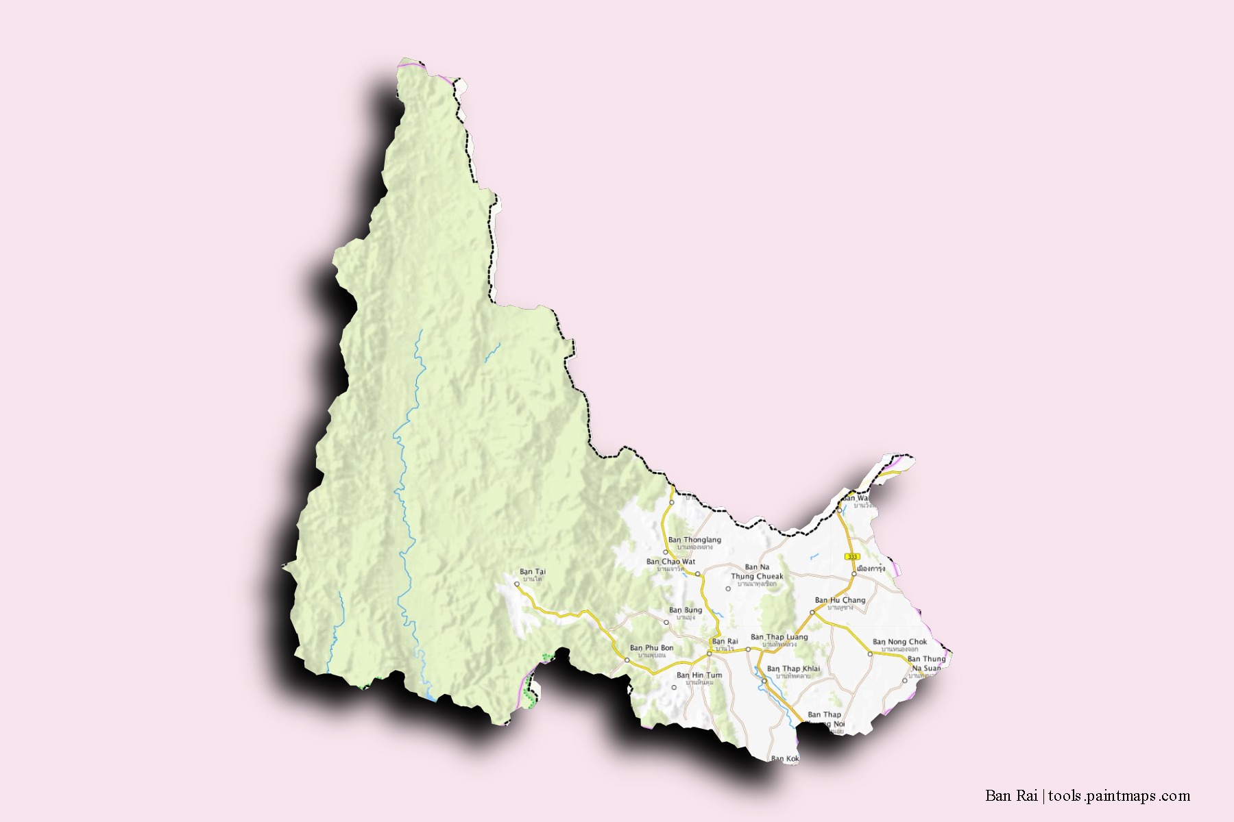 Mapa de barrios y pueblos de Ban Rai con efecto de sombra 3D