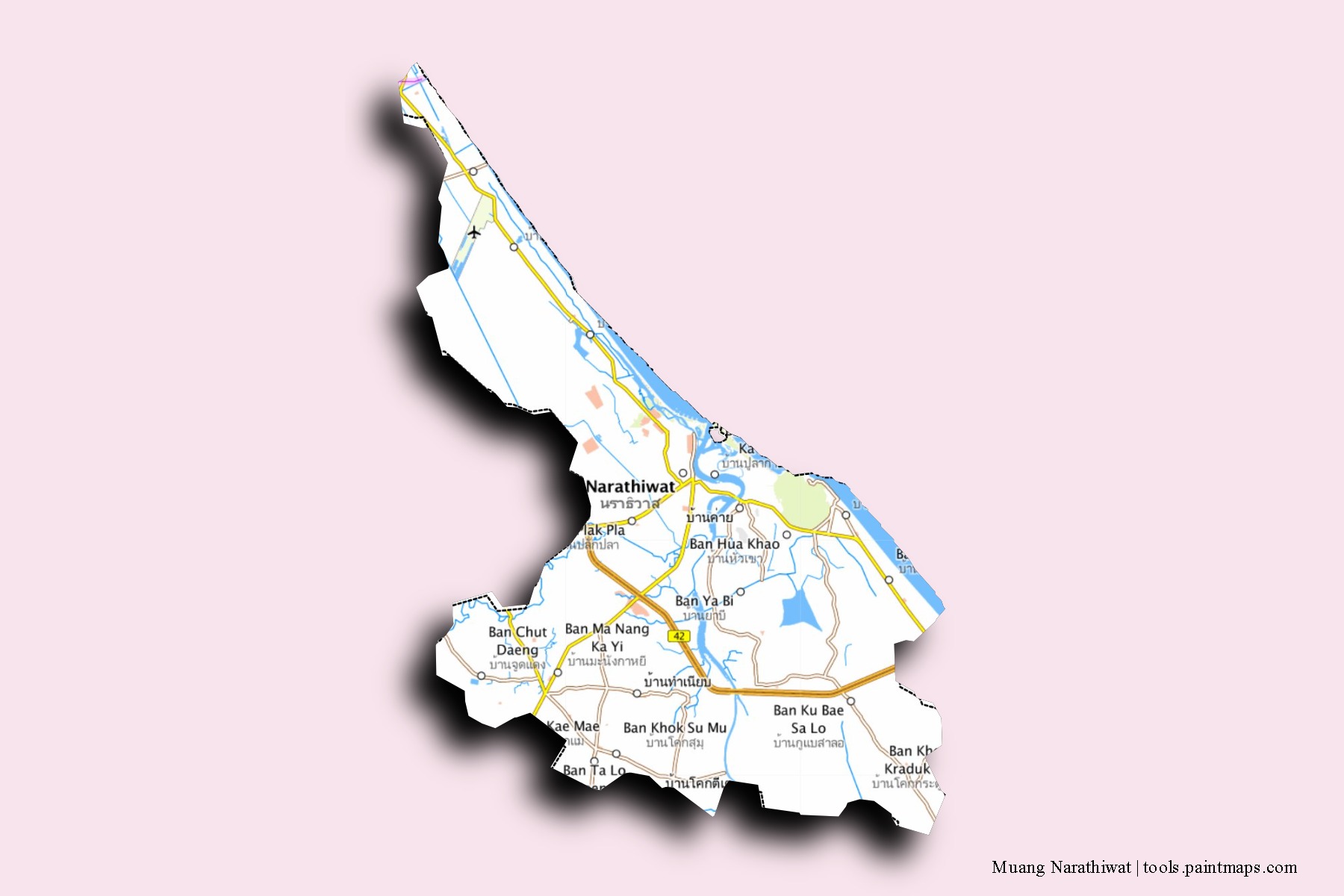 Mapa de barrios y pueblos de Muang Narathiwat con efecto de sombra 3D