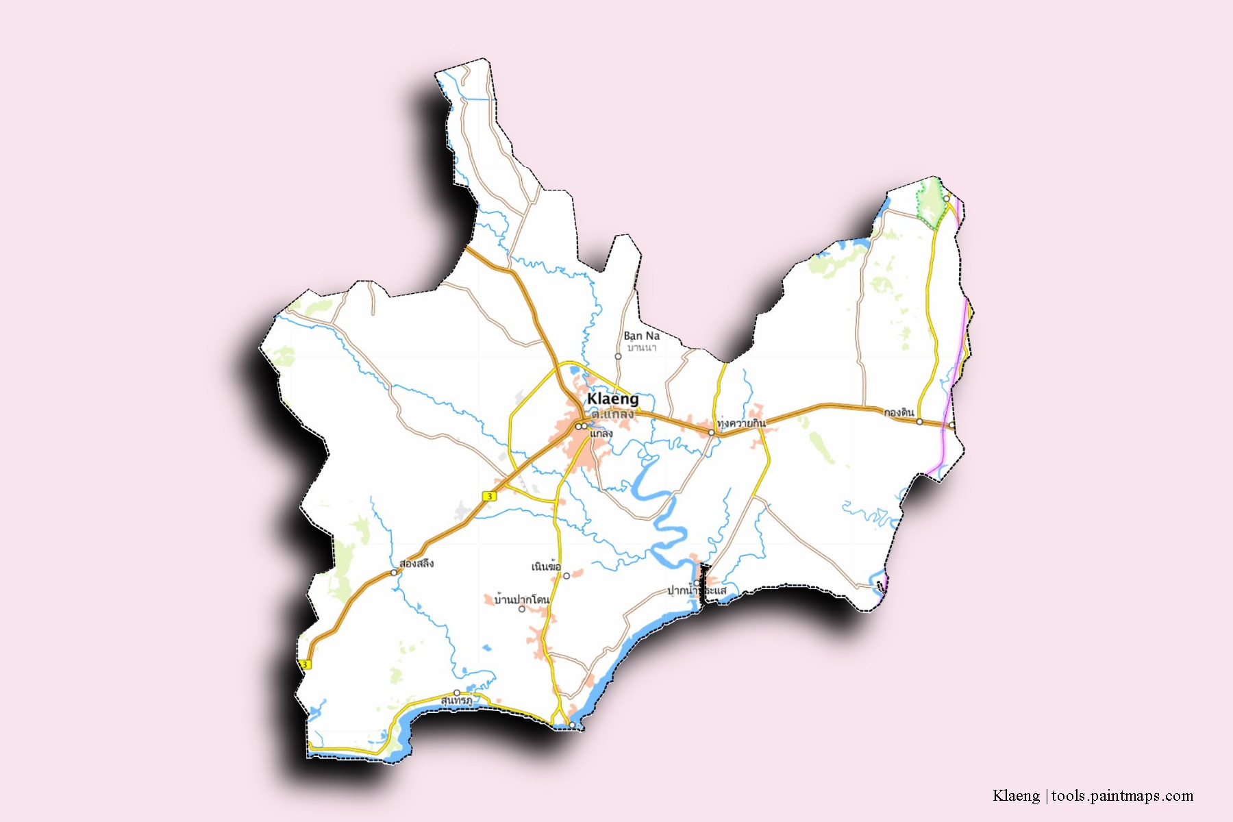 Mapa de barrios y pueblos de Klaeng con efecto de sombra 3D