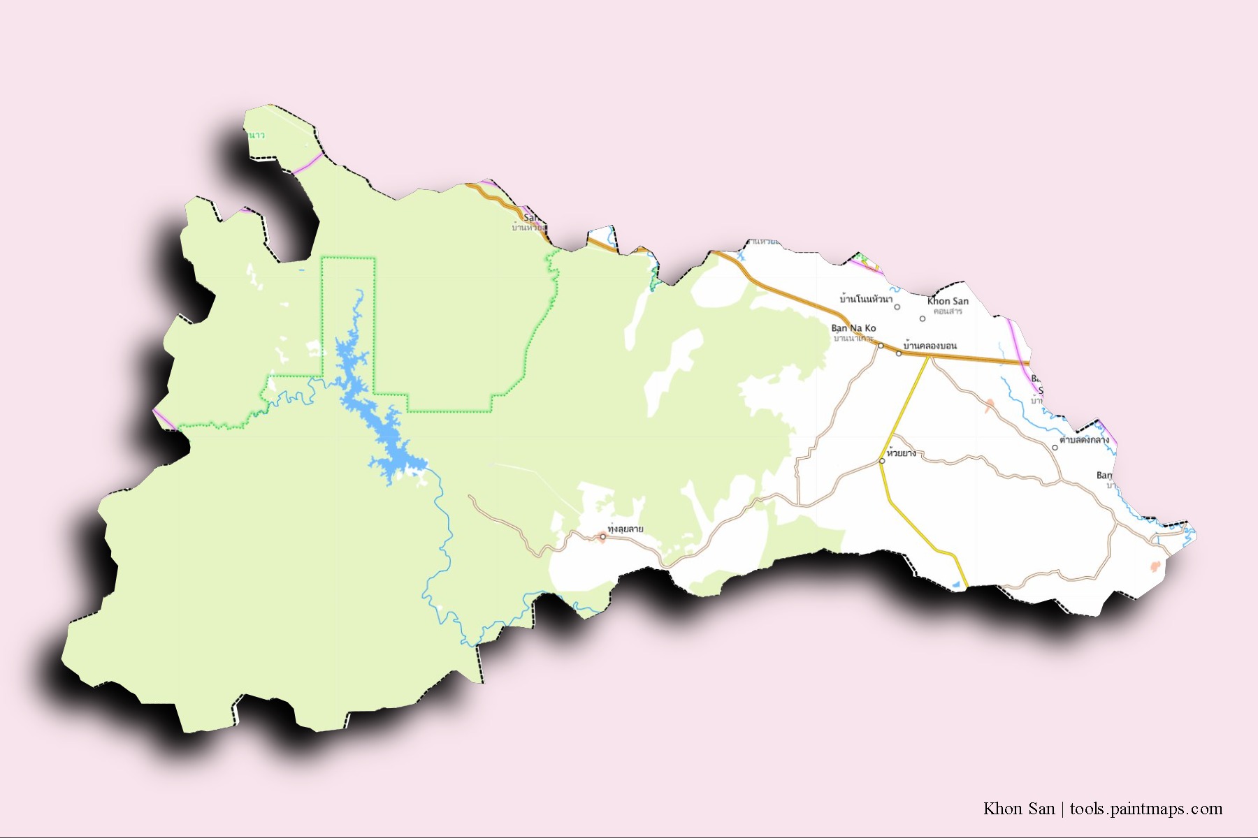 Khon San neighborhoods and villages map with 3D shadow effect