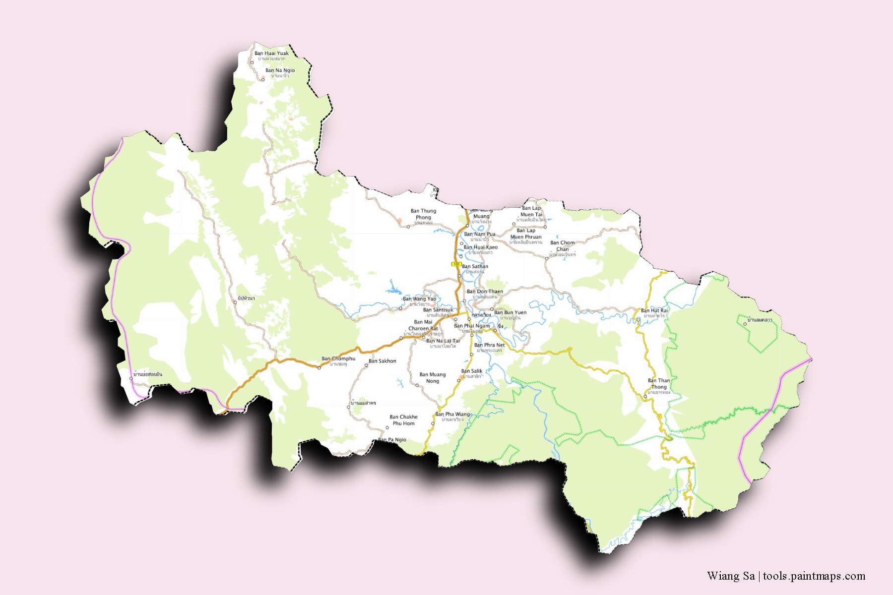 Mapa de barrios y pueblos de Wiang Sa con efecto de sombra 3D