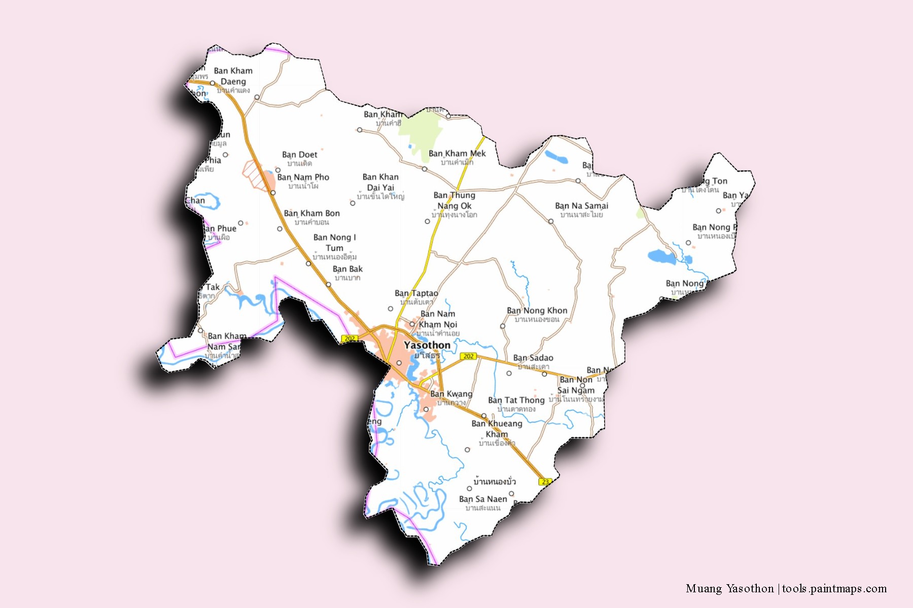 Mapa de barrios y pueblos de Muang Yasothon con efecto de sombra 3D