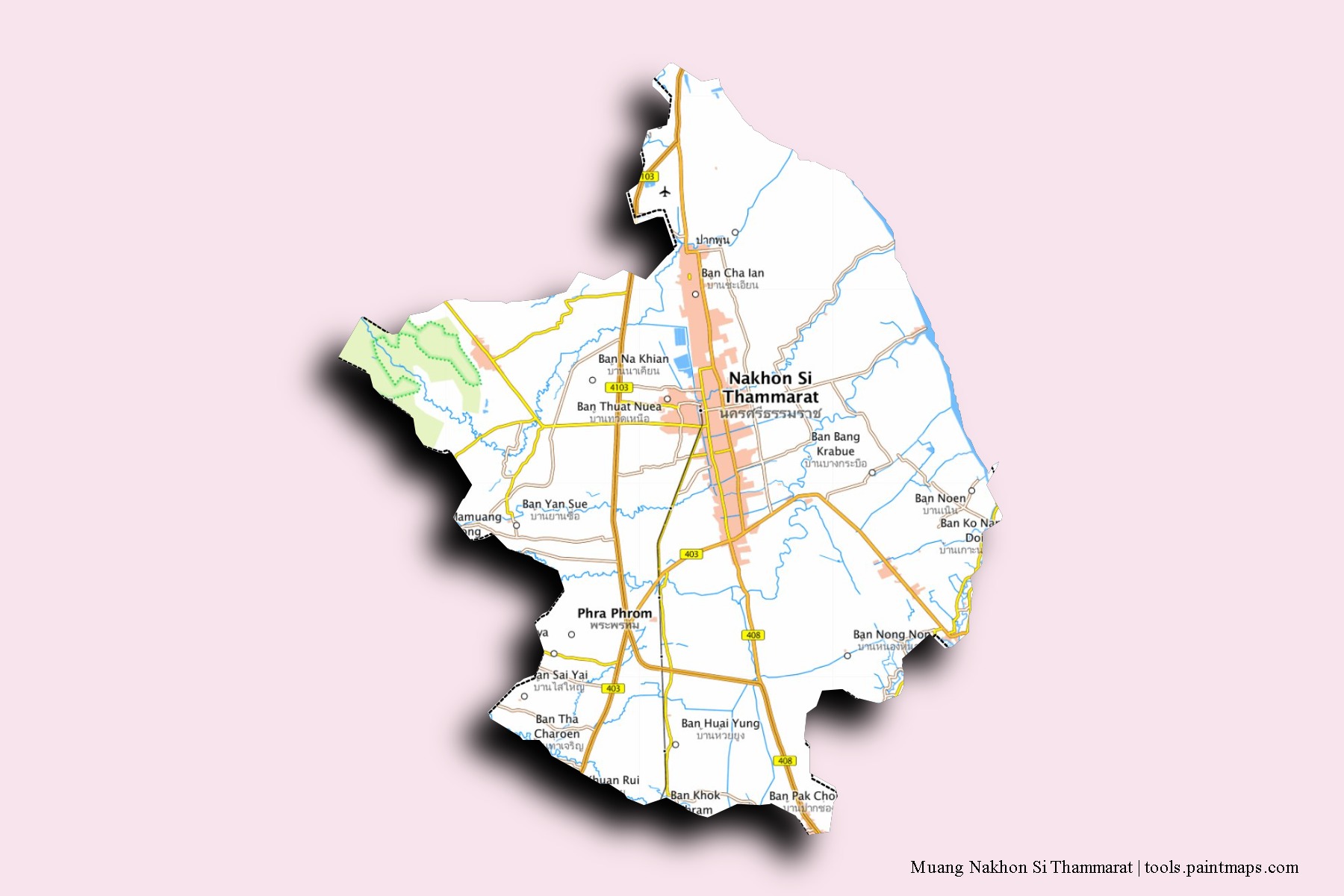 Mapa de barrios y pueblos de Muang Nakhon Si Thammarat con efecto de sombra 3D