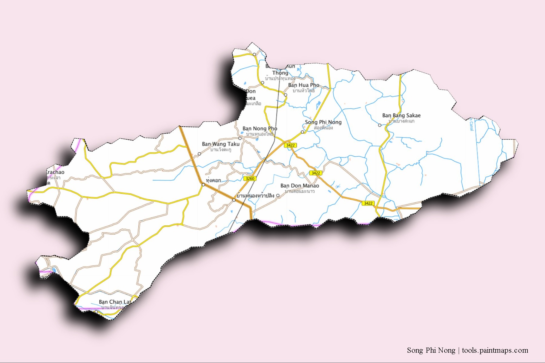 Mapa de barrios y pueblos de Song Phi Nong con efecto de sombra 3D