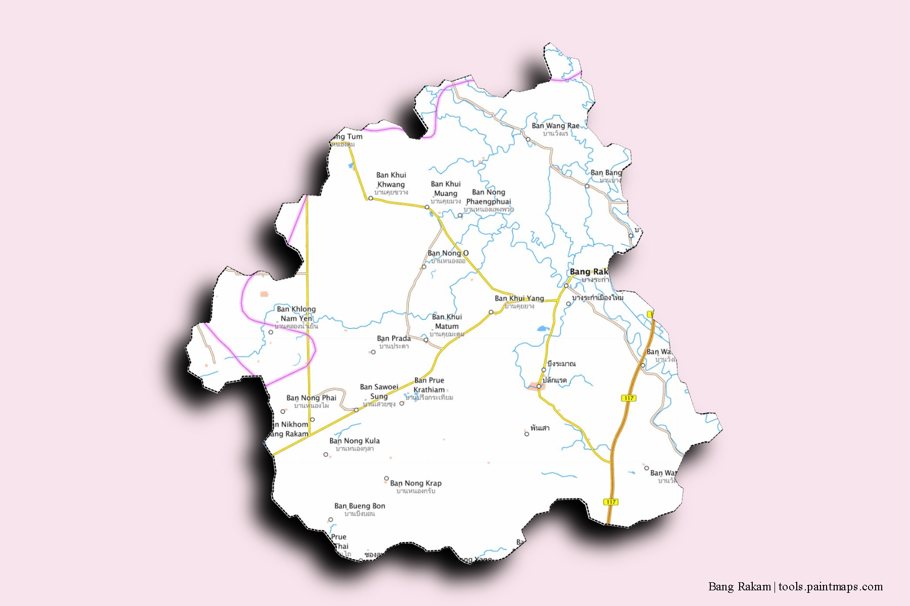 Mapa de barrios y pueblos de Bang Rakam con efecto de sombra 3D