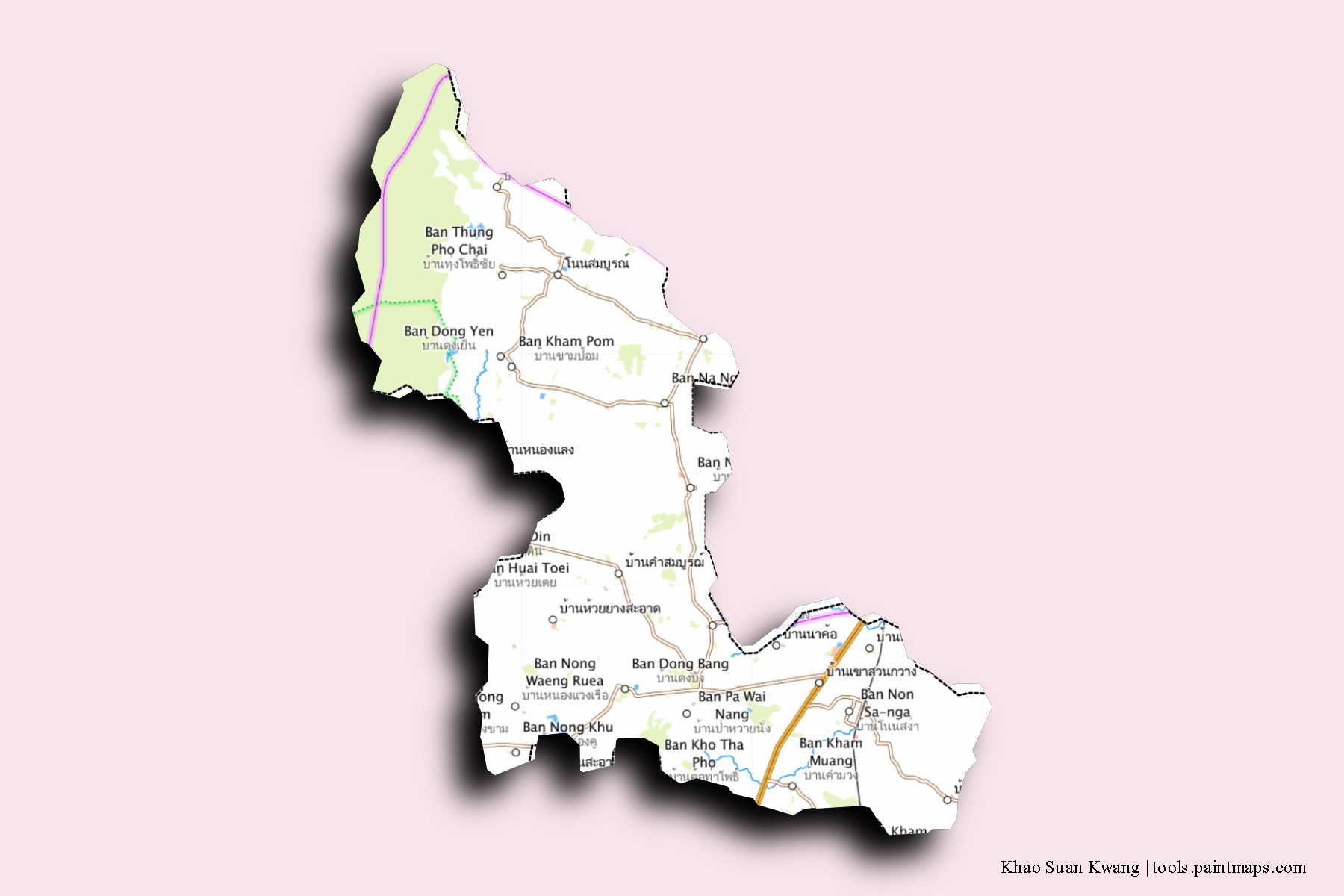 Mapa de barrios y pueblos de Khao Suan Kwang con efecto de sombra 3D