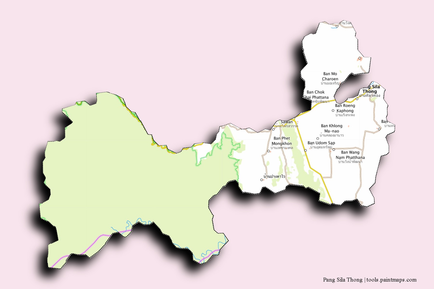 Mapa de barrios y pueblos de Pang Sila Thong con efecto de sombra 3D