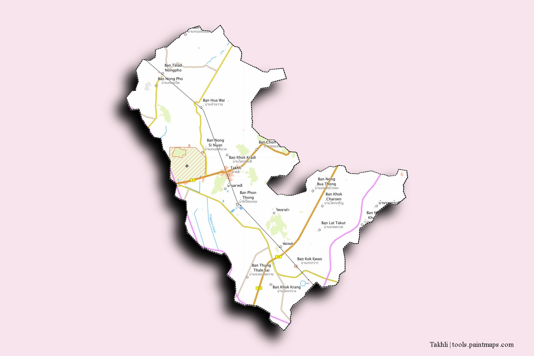 Mapa de barrios y pueblos de Takhli con efecto de sombra 3D