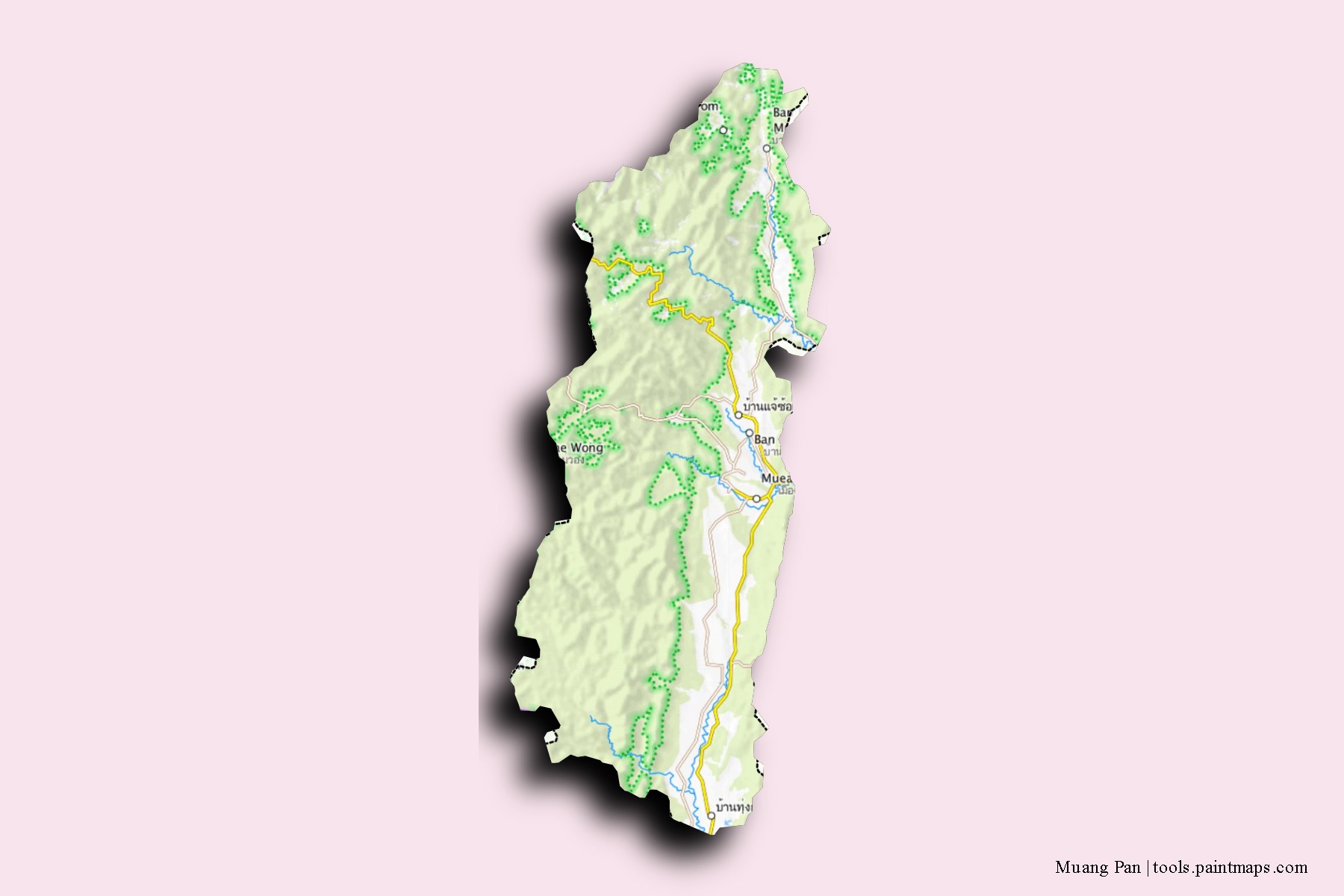 Mapa de barrios y pueblos de Muang Pan con efecto de sombra 3D