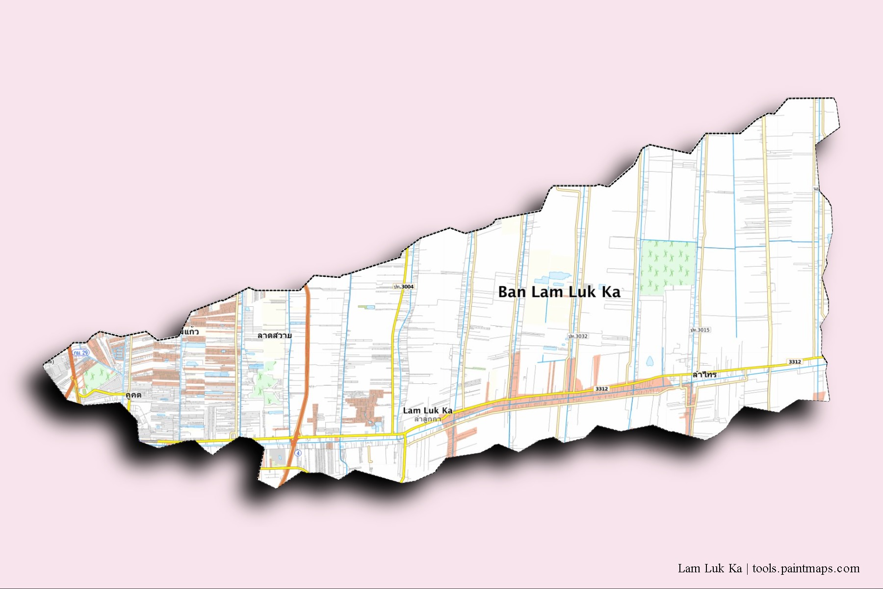 Lam Luk Ka neighborhoods and villages map with 3D shadow effect