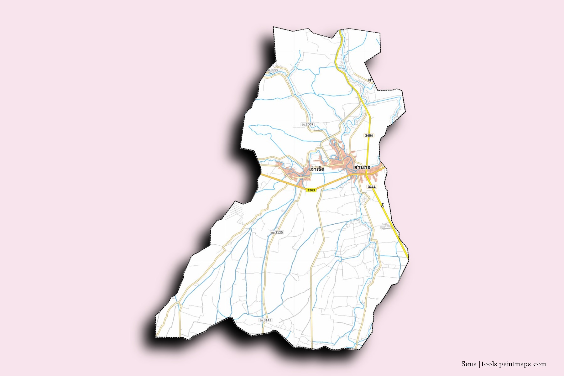 Sena neighborhoods and villages map with 3D shadow effect