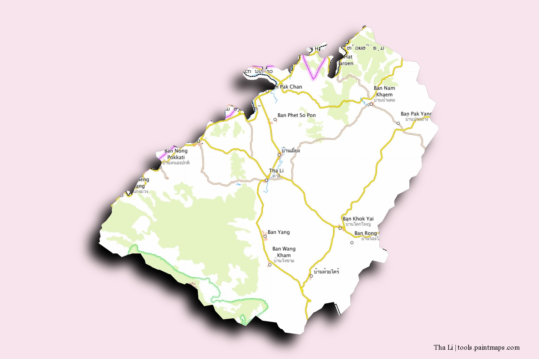 Mapa de barrios y pueblos de Tha Li con efecto de sombra 3D