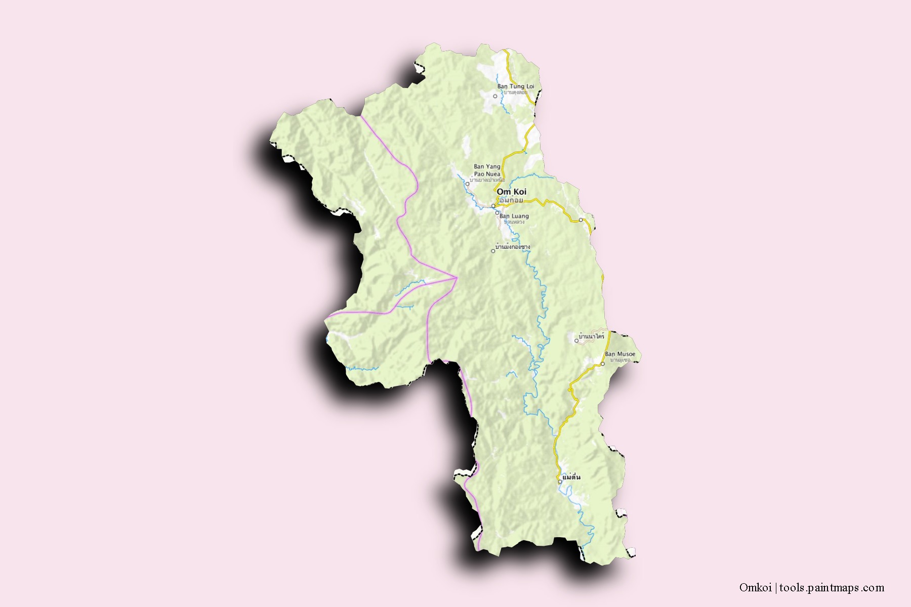 Mapa de barrios y pueblos de Omkoi con efecto de sombra 3D