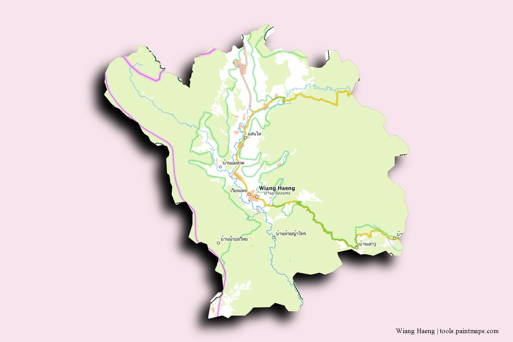 Wiang Haeng neighborhoods and villages map with 3D shadow effect