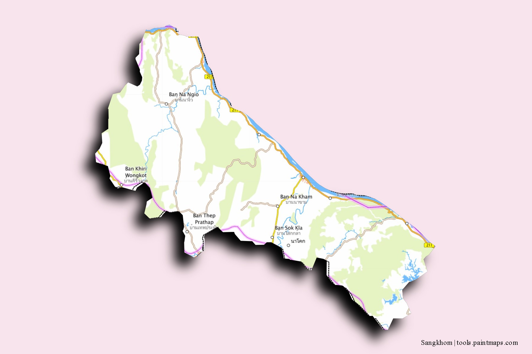 Sangkhom neighborhoods and villages map with 3D shadow effect