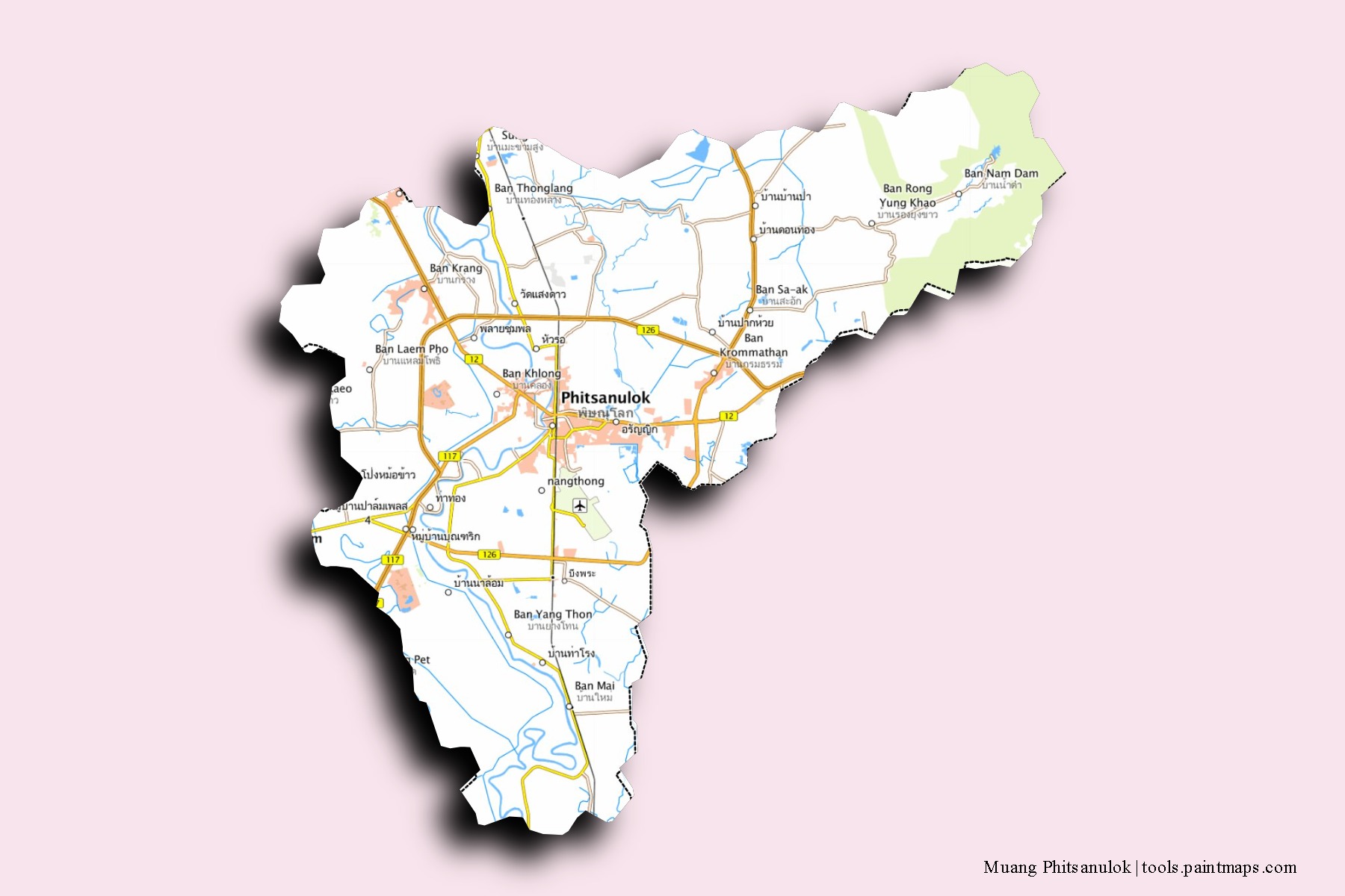 Phitsanulok neighborhoods and villages map with 3D shadow effect