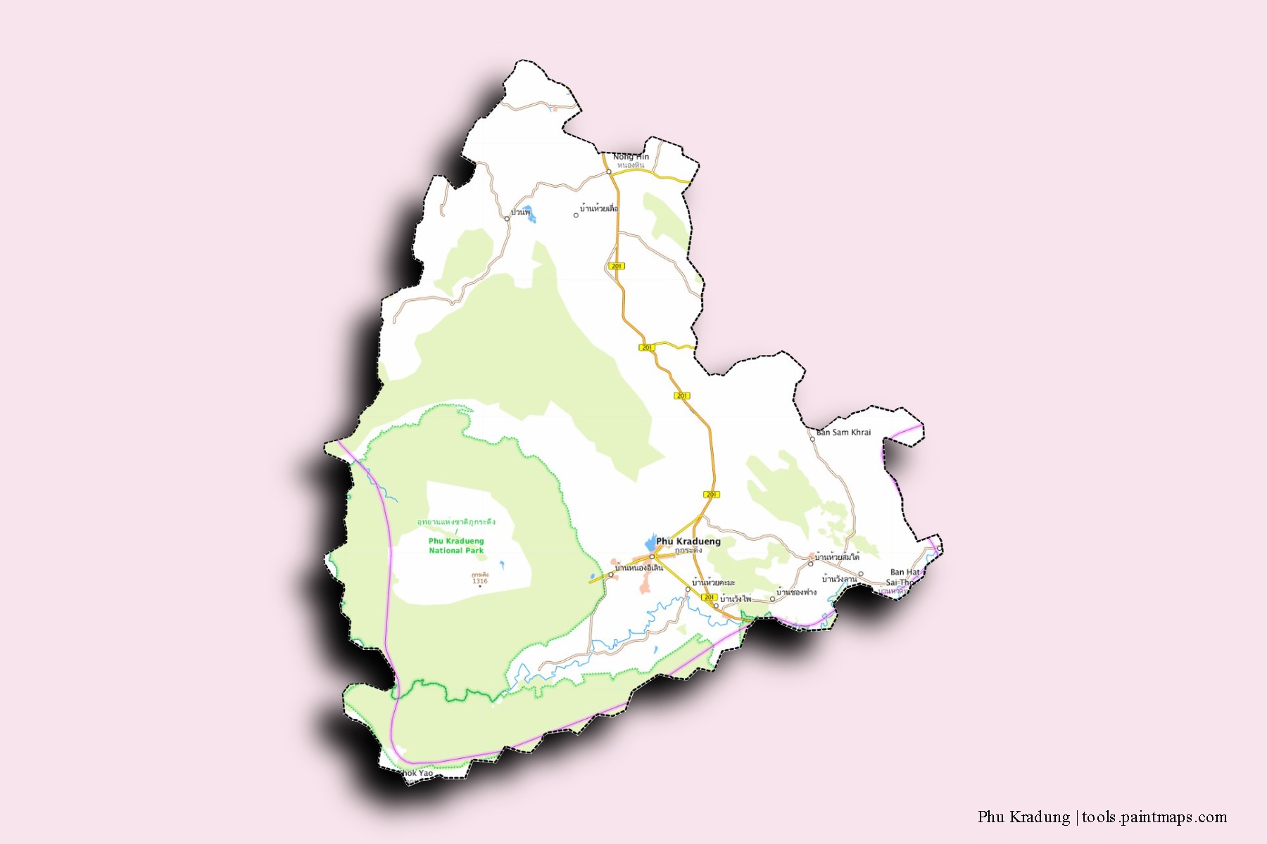 Phu Kradueng neighborhoods and villages map with 3D shadow effect