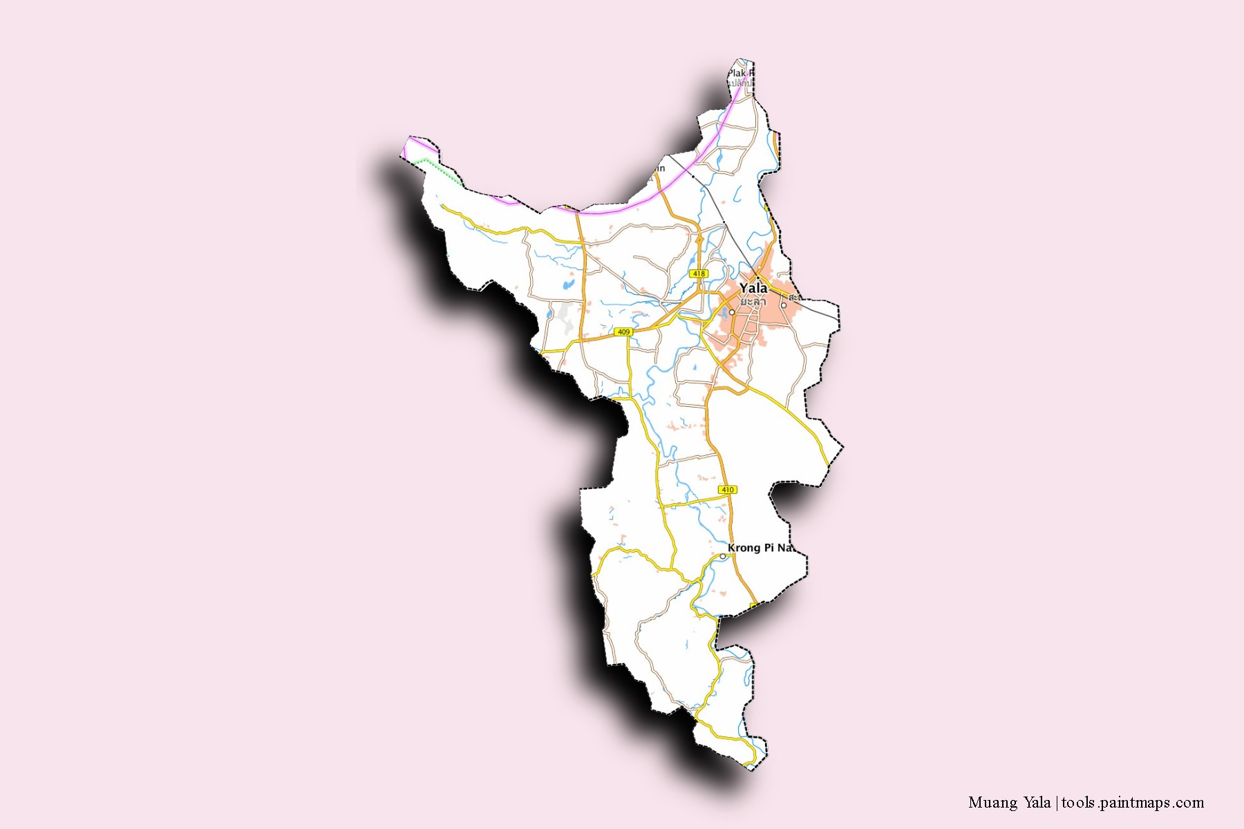 Mapa de barrios y pueblos de Muang Yala con efecto de sombra 3D