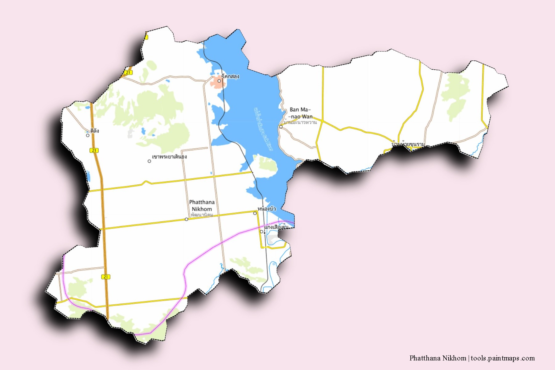 Mapa de barrios y pueblos de Phatthana Nikhom con efecto de sombra 3D