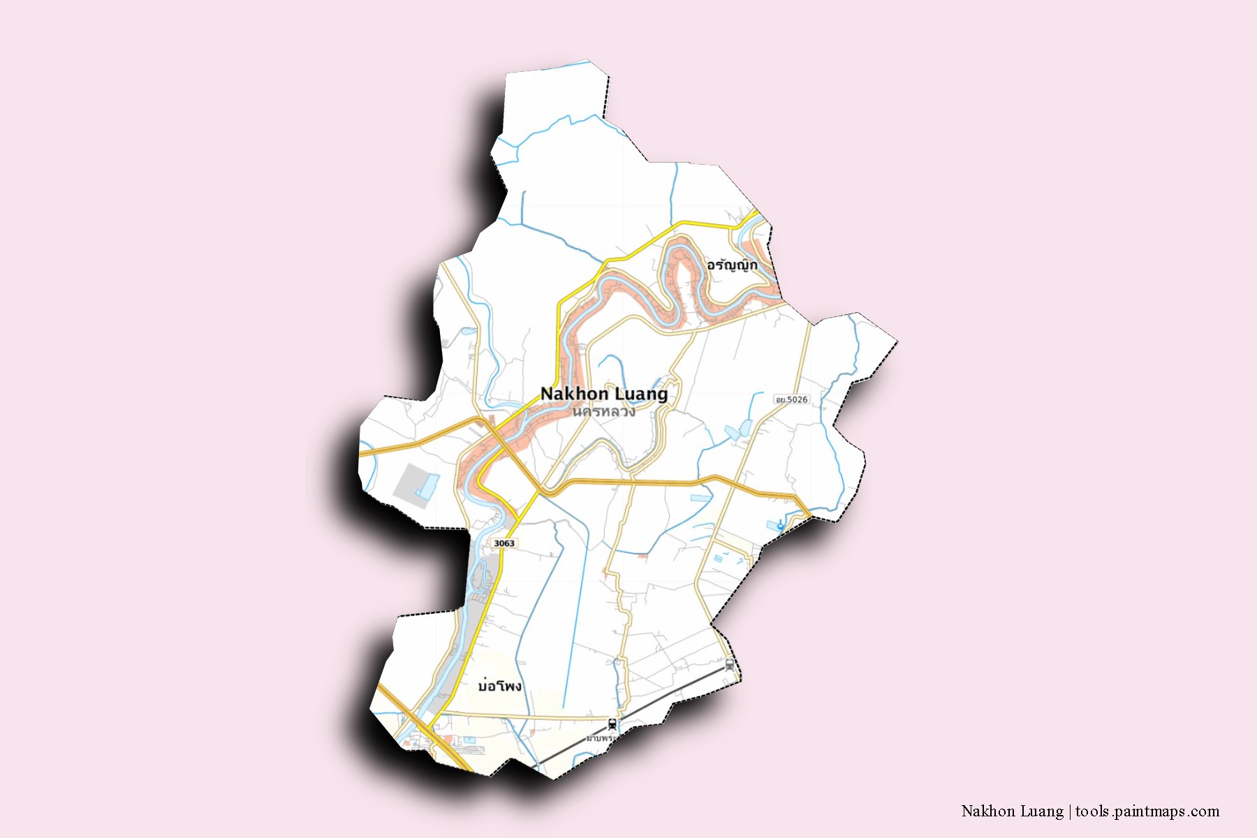 Nakhon Luang neighborhoods and villages map with 3D shadow effect