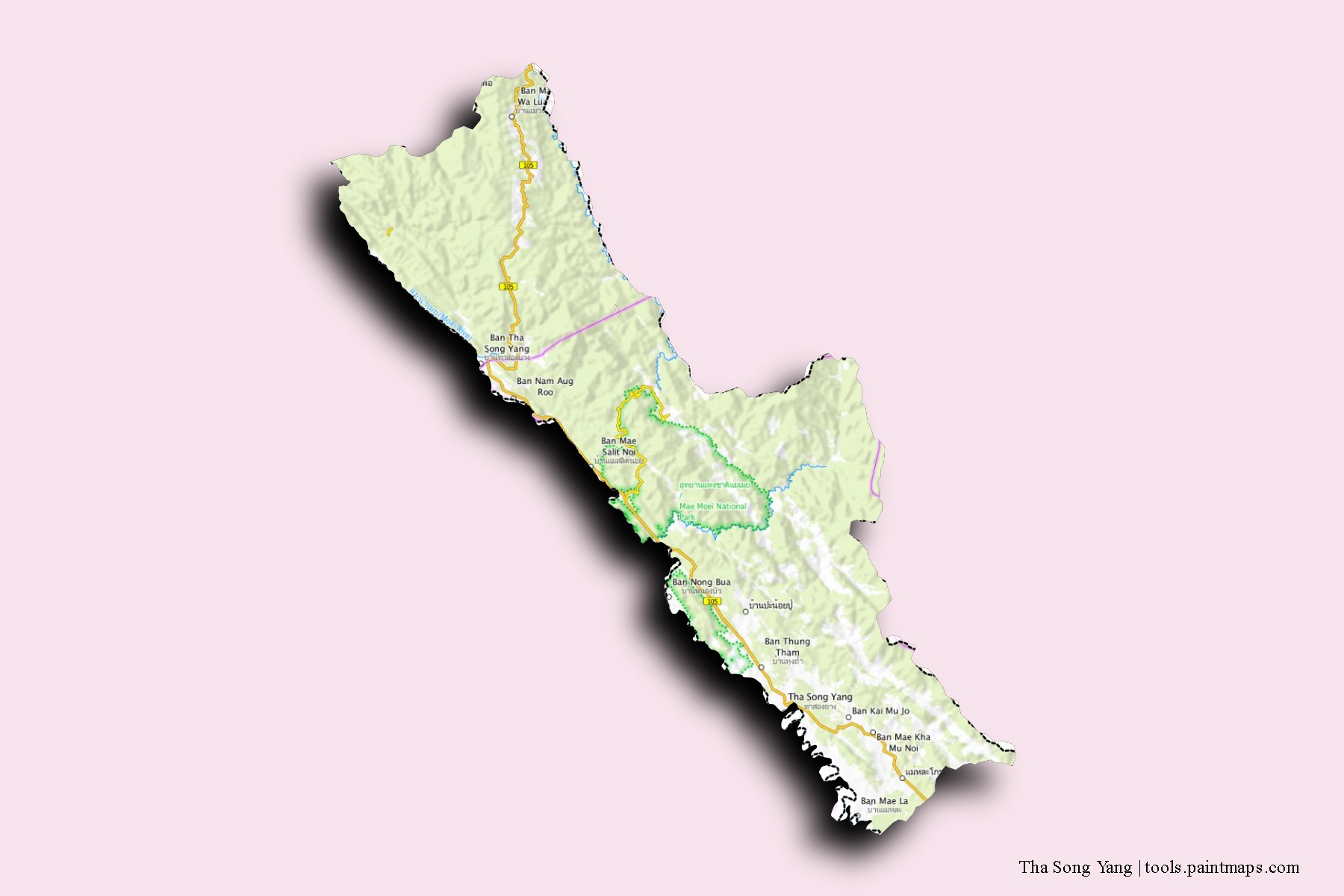 Mapa de barrios y pueblos de Tha Song Yang con efecto de sombra 3D