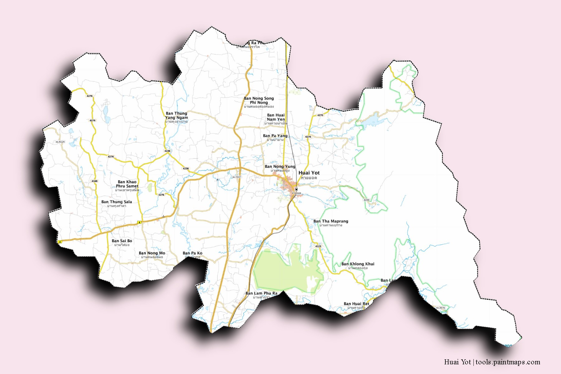 Mapa de barrios y pueblos de Huai Yot con efecto de sombra 3D