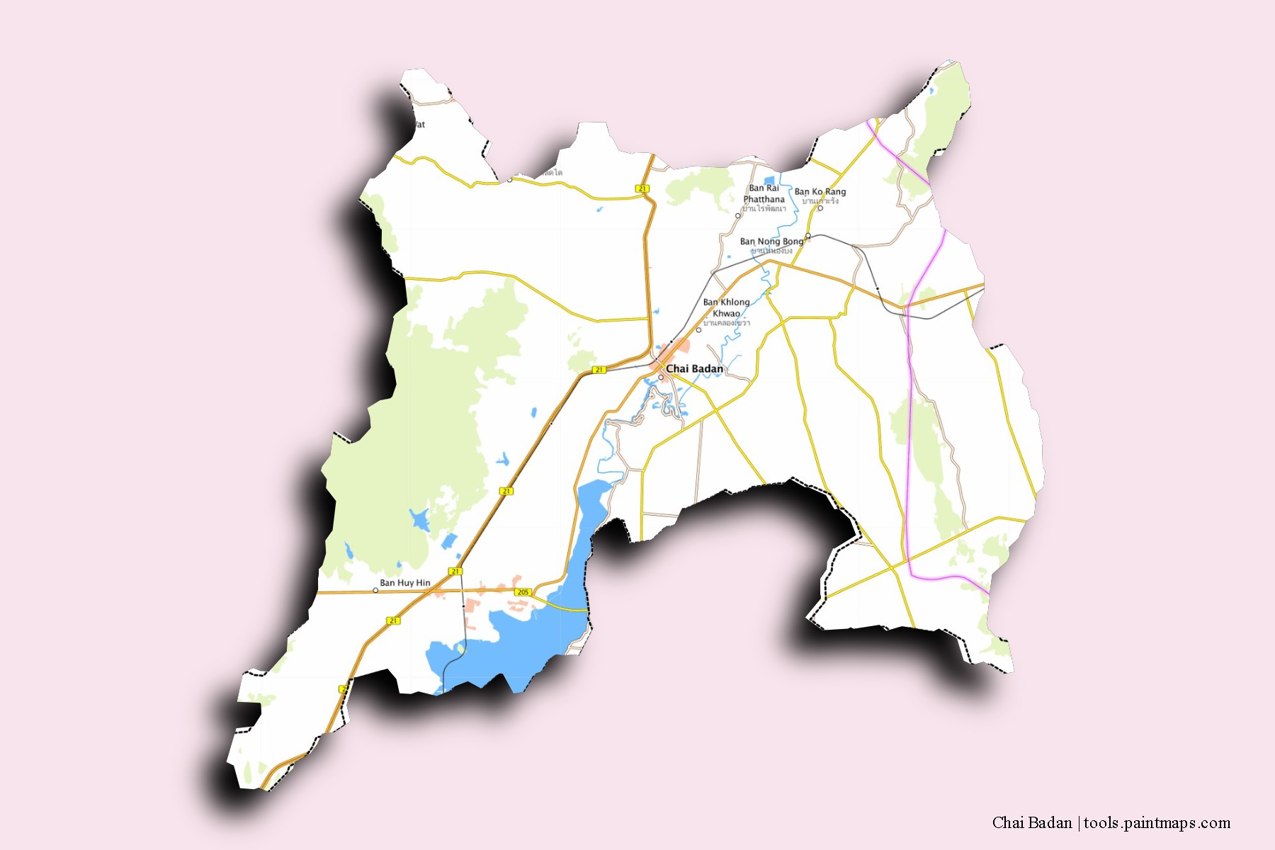 Mapa de barrios y pueblos de Chai Badan con efecto de sombra 3D