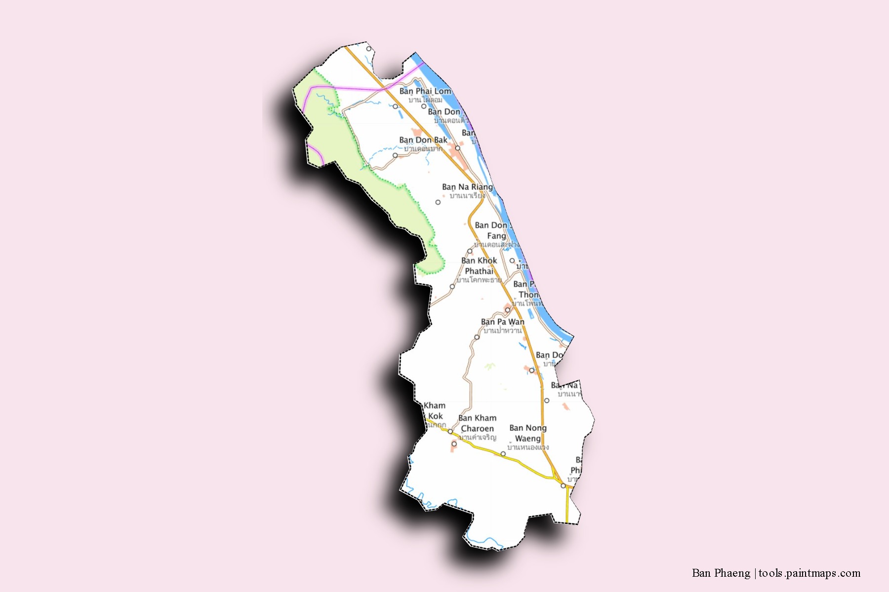 Mapa de barrios y pueblos de Ban Phaeng con efecto de sombra 3D