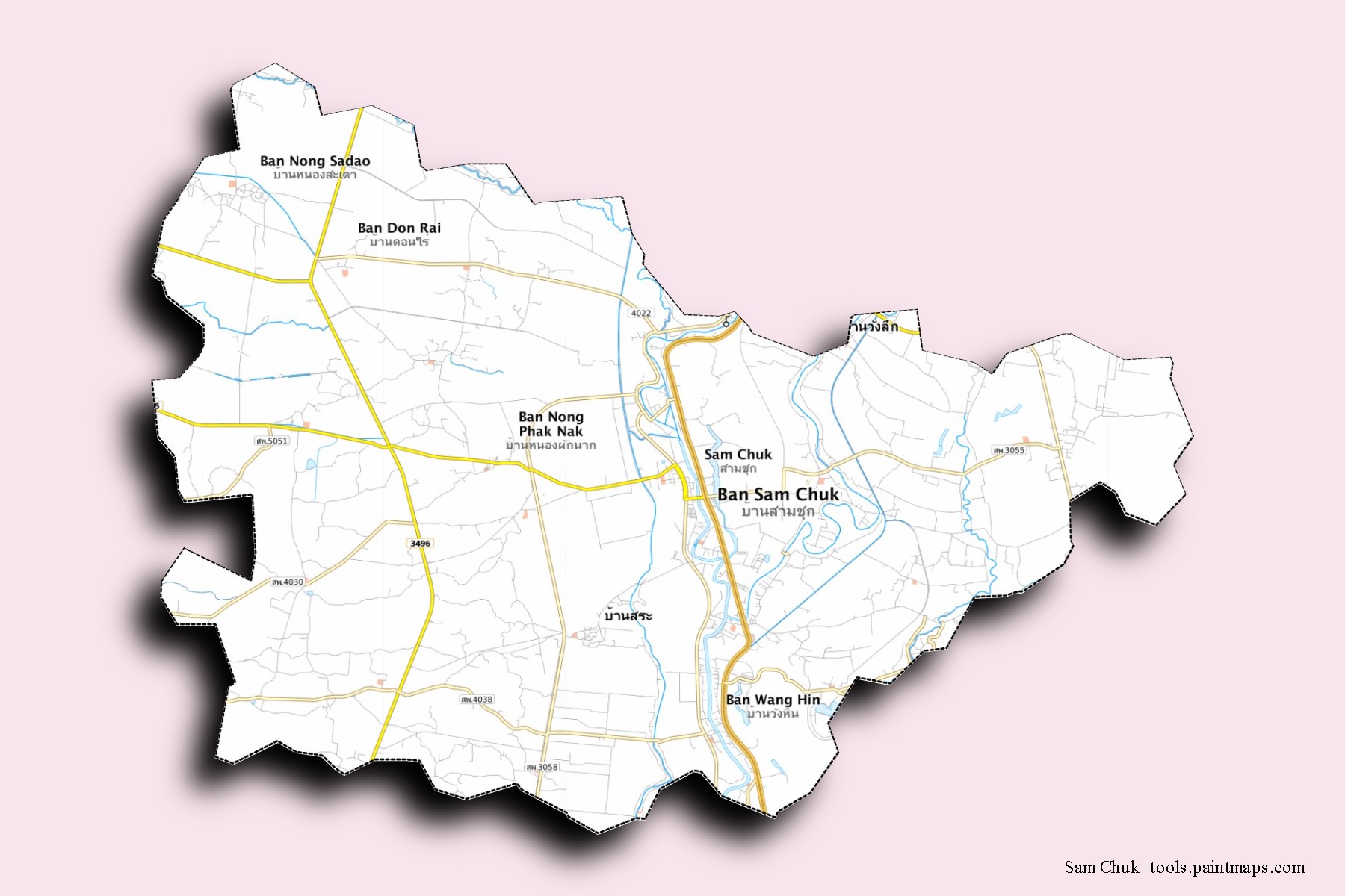 Sam Chuk neighborhoods and villages map with 3D shadow effect