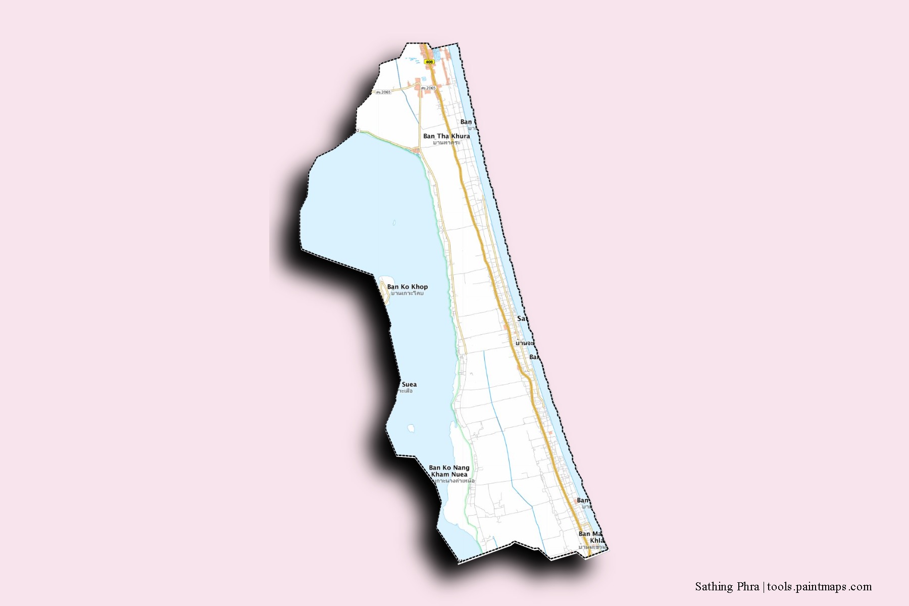 Mapa de barrios y pueblos de Sathing Phra con efecto de sombra 3D