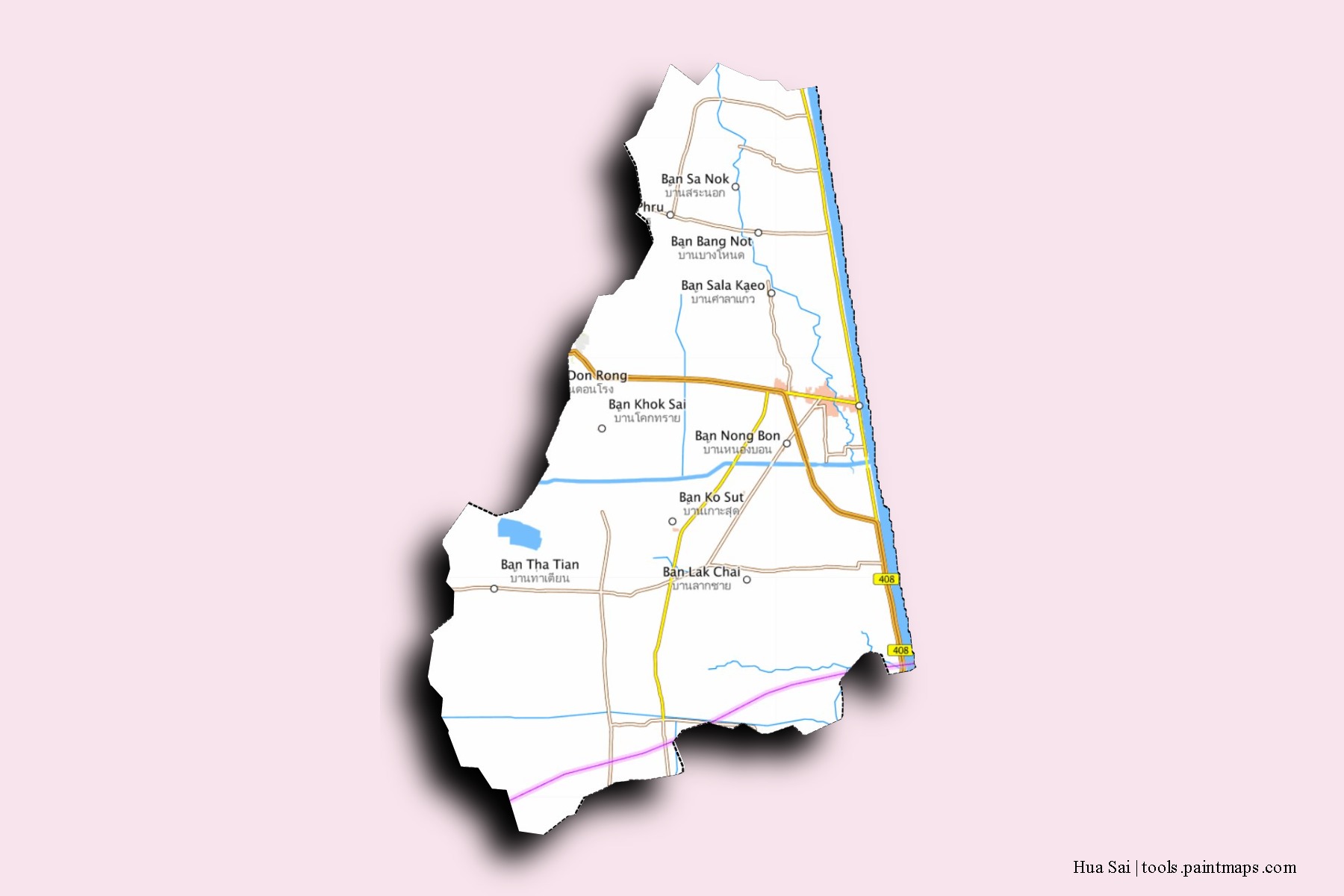 Mapa de barrios y pueblos de Hua Sai con efecto de sombra 3D