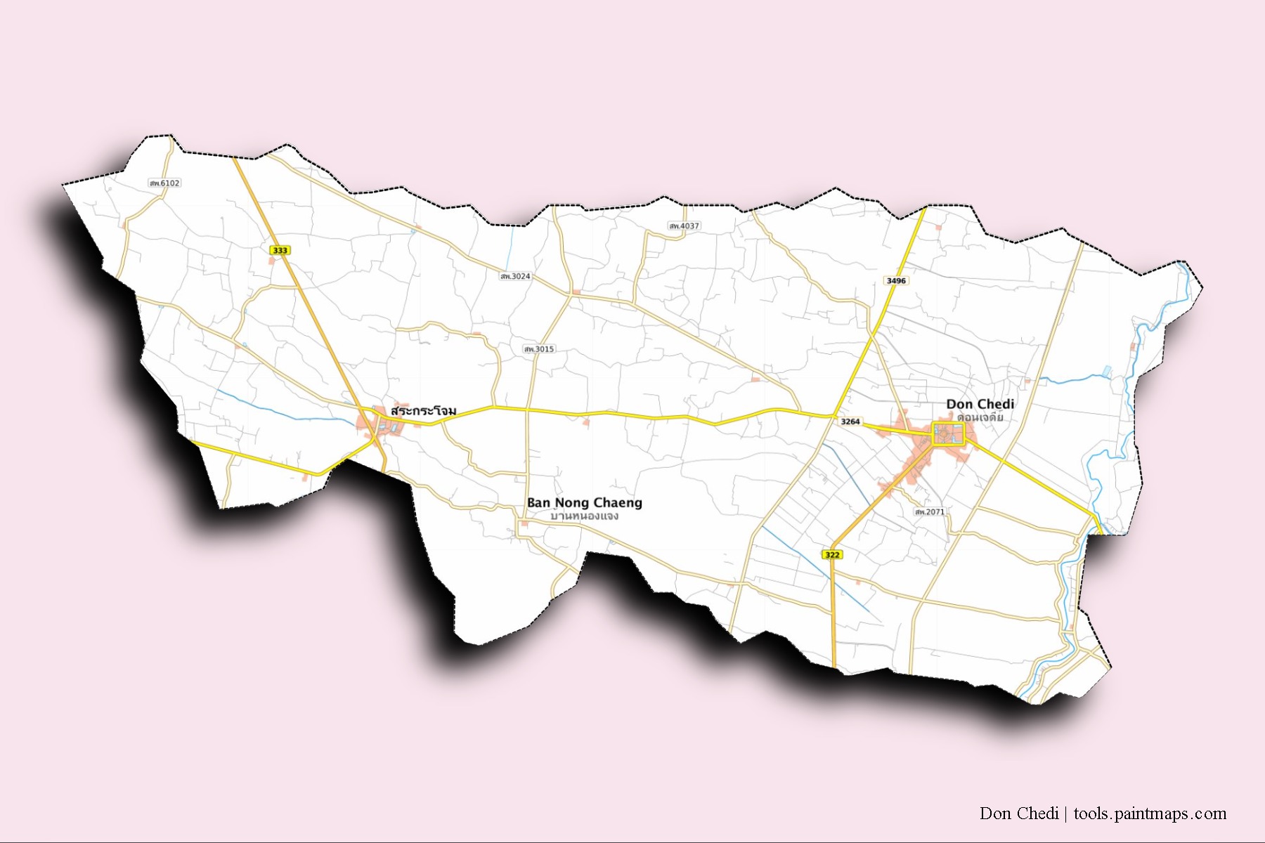 Mapa de barrios y pueblos de Don Chedi con efecto de sombra 3D