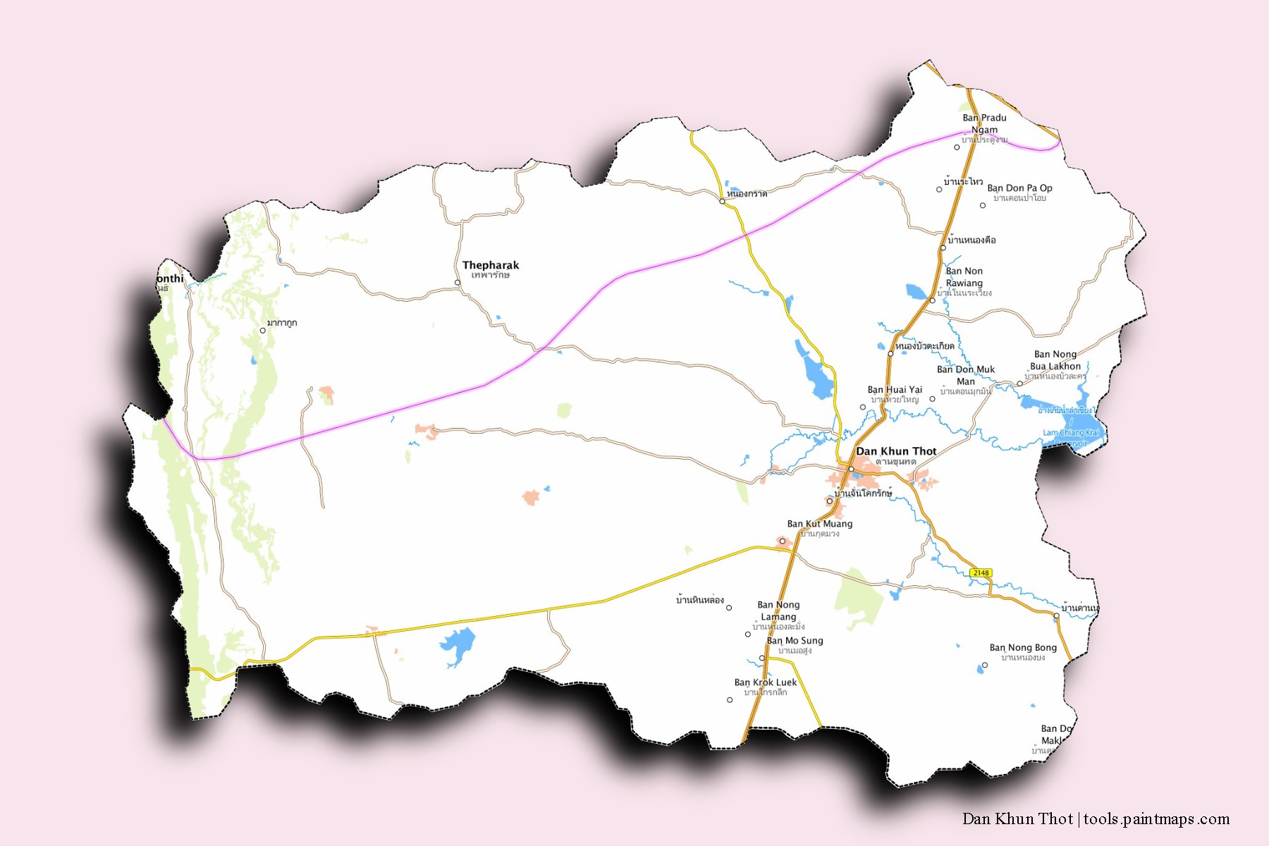 Dan Khun Thot neighborhoods and villages map with 3D shadow effect