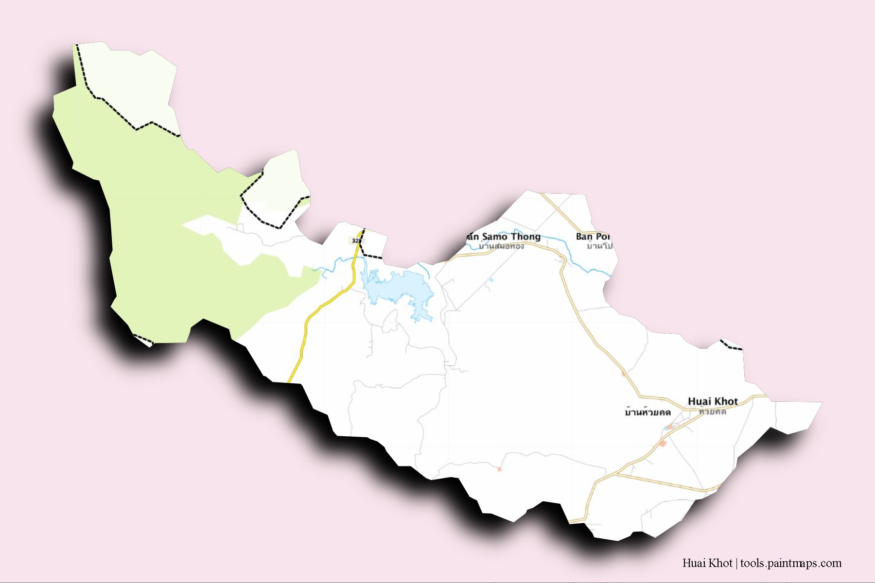 Mapa de barrios y pueblos de Huai Khot con efecto de sombra 3D