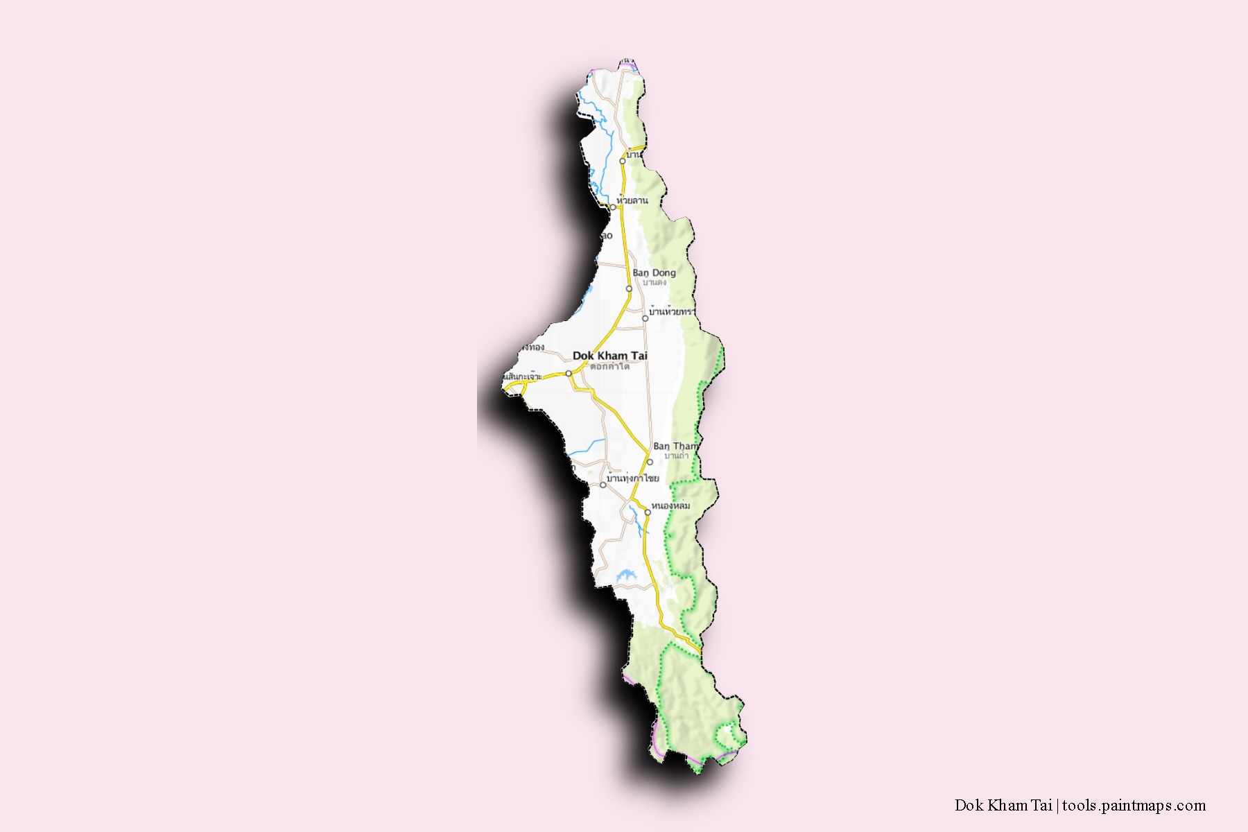 Mapa de barrios y pueblos de Dok Kham Tai con efecto de sombra 3D