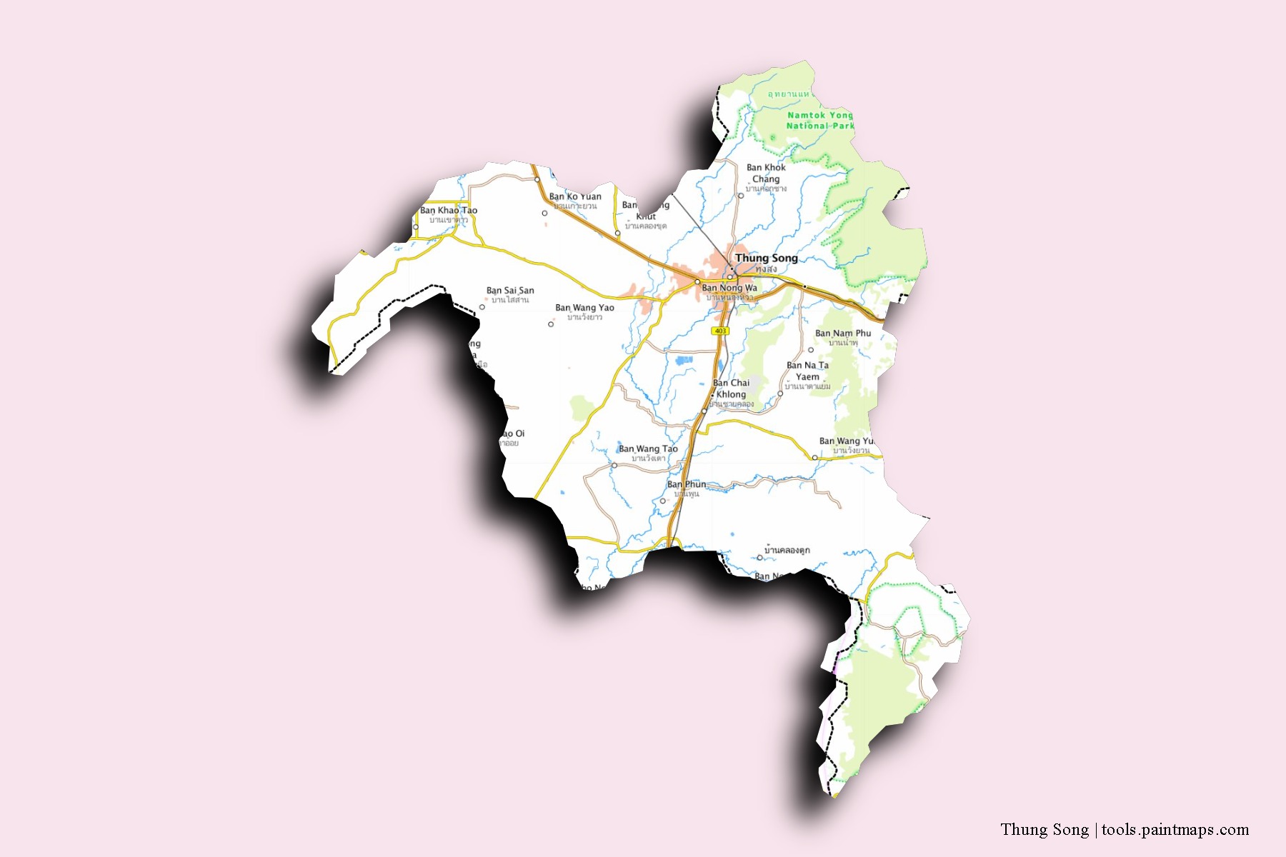 Mapa de barrios y pueblos de Thung Song con efecto de sombra 3D