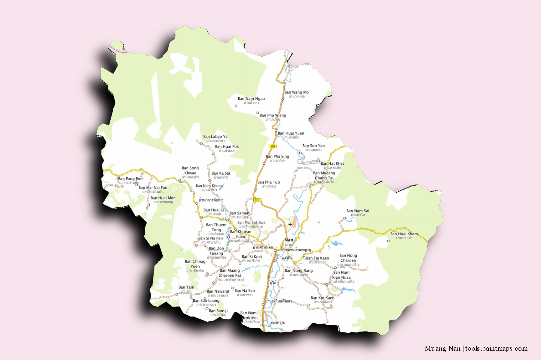 Mapa de barrios y pueblos de Muang Nan con efecto de sombra 3D