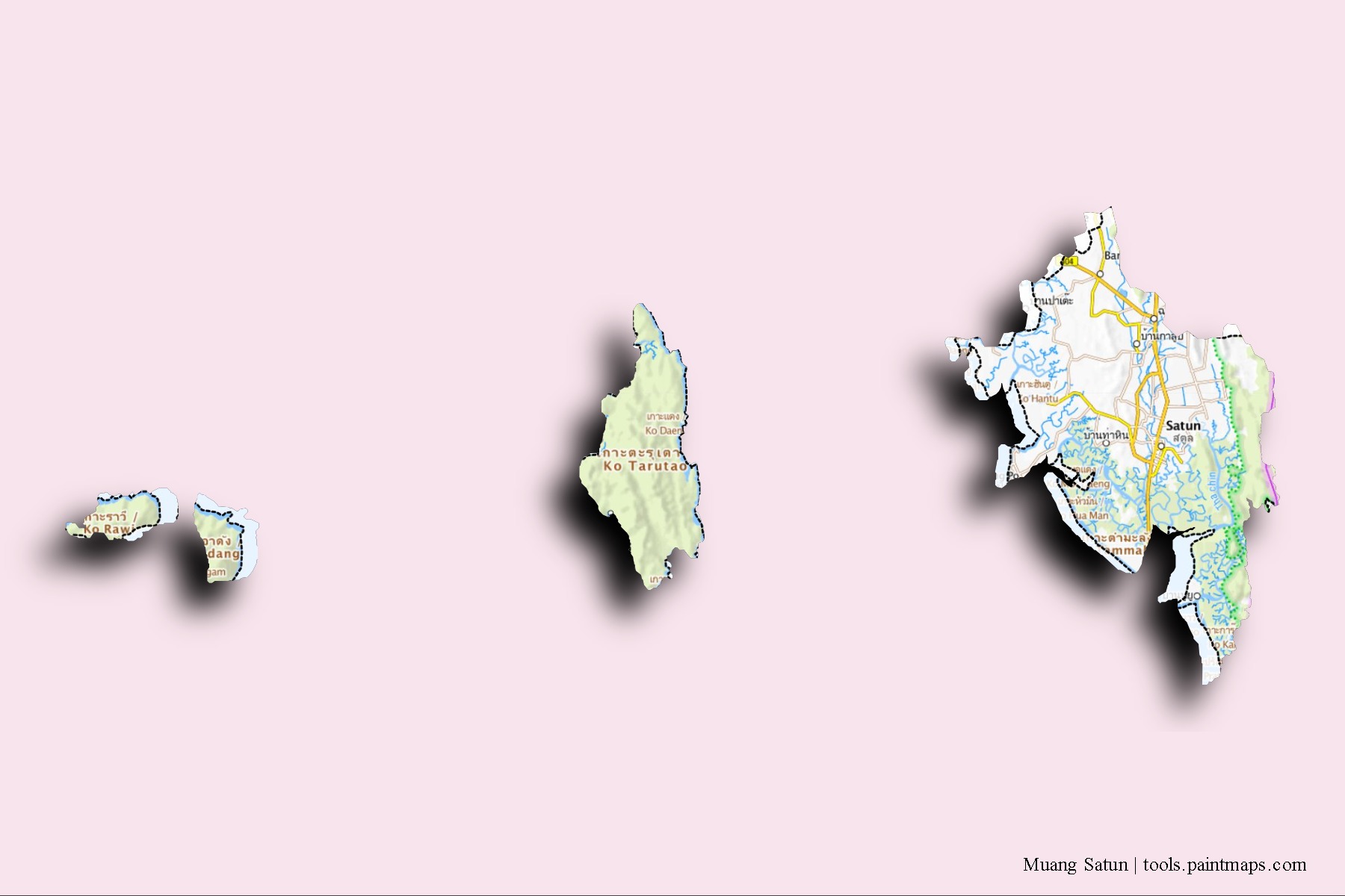 3D gölge efektli Muang Satun mahalleleri ve köyleri haritası