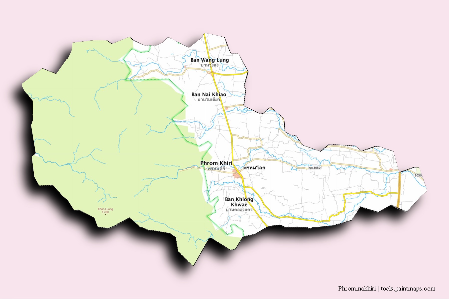 Phrom Khiri neighborhoods and villages map with 3D shadow effect