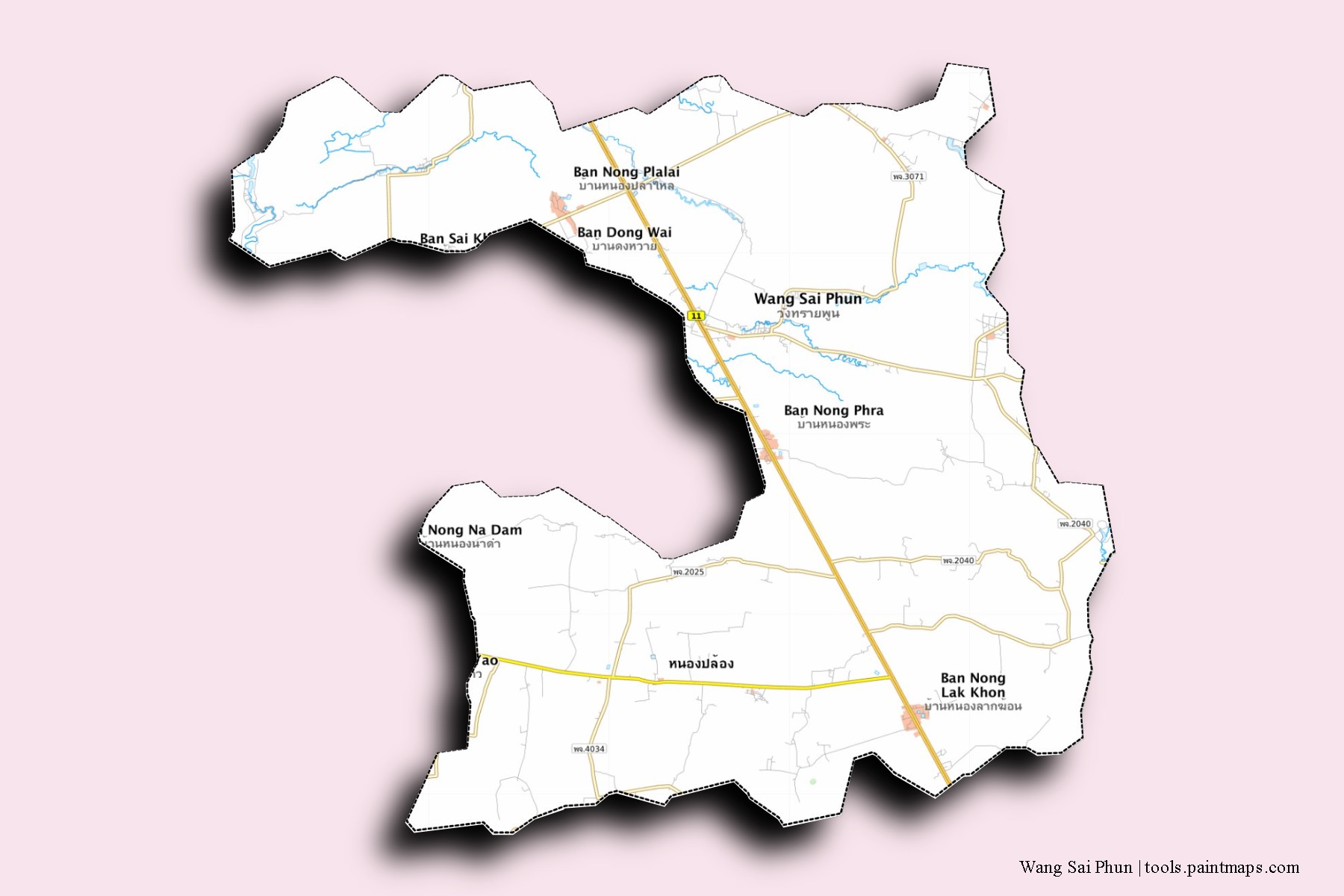 Wang Sai Phun neighborhoods and villages map with 3D shadow effect