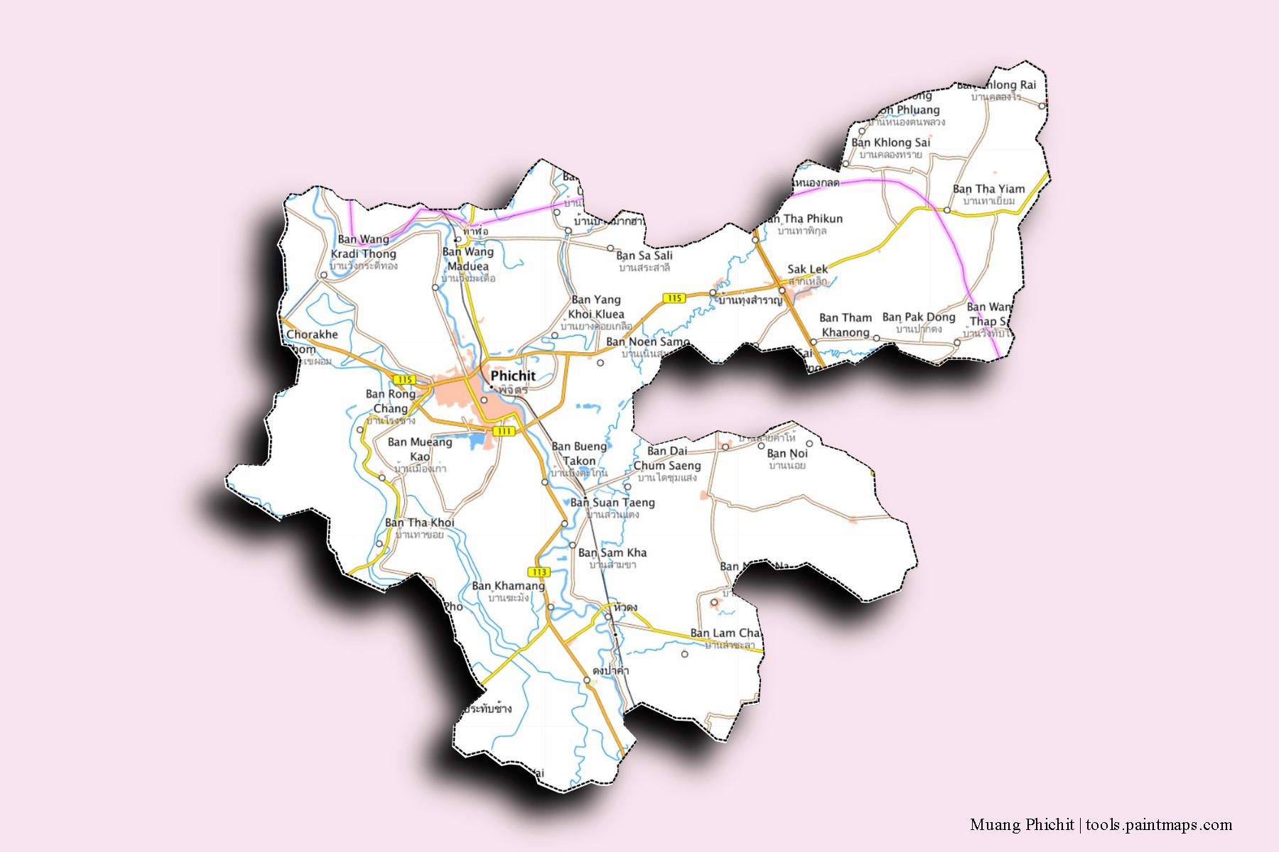 Phichit neighborhoods and villages map with 3D shadow effect