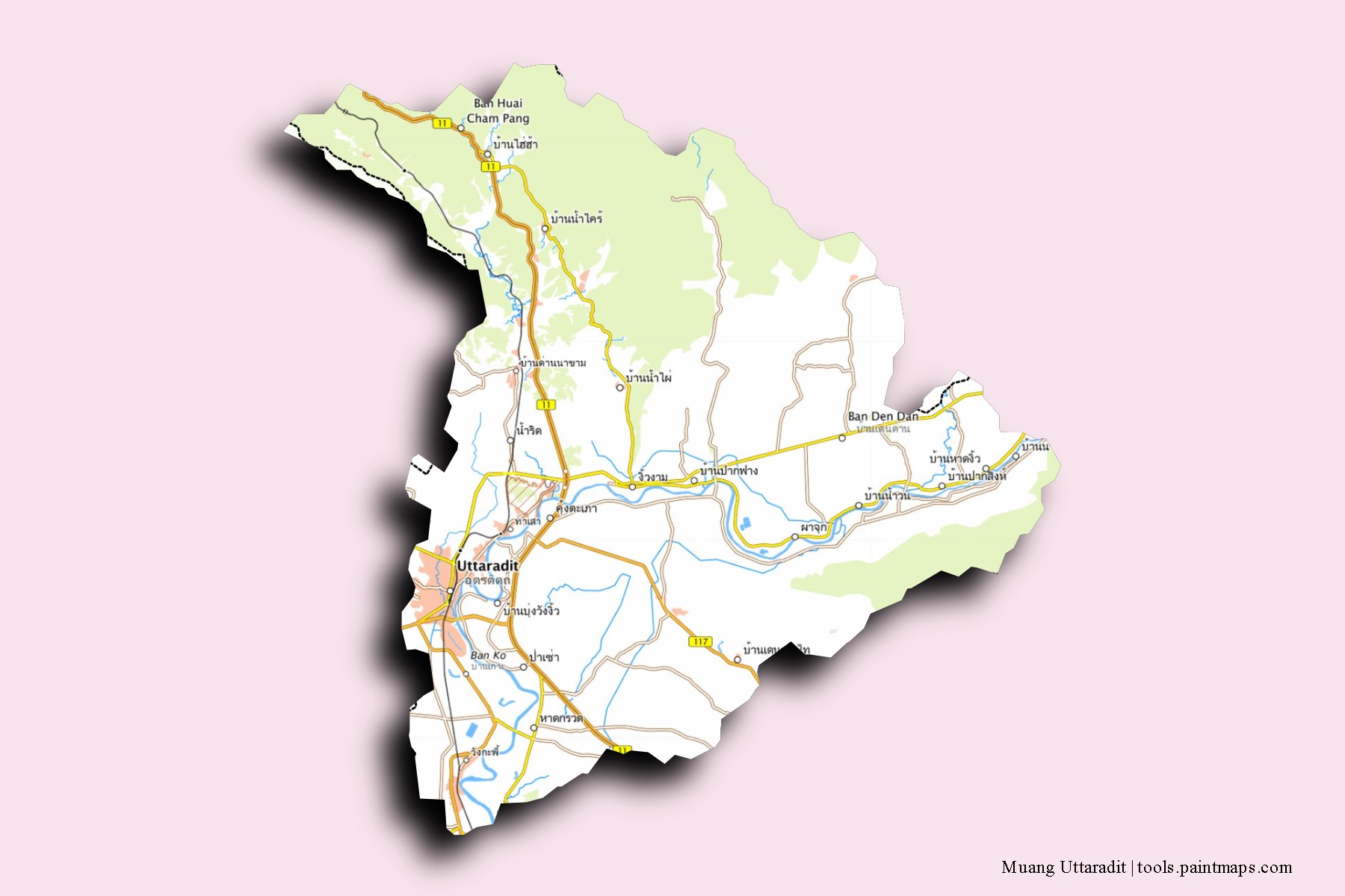 Mapa de barrios y pueblos de Muang Uttaradit con efecto de sombra 3D