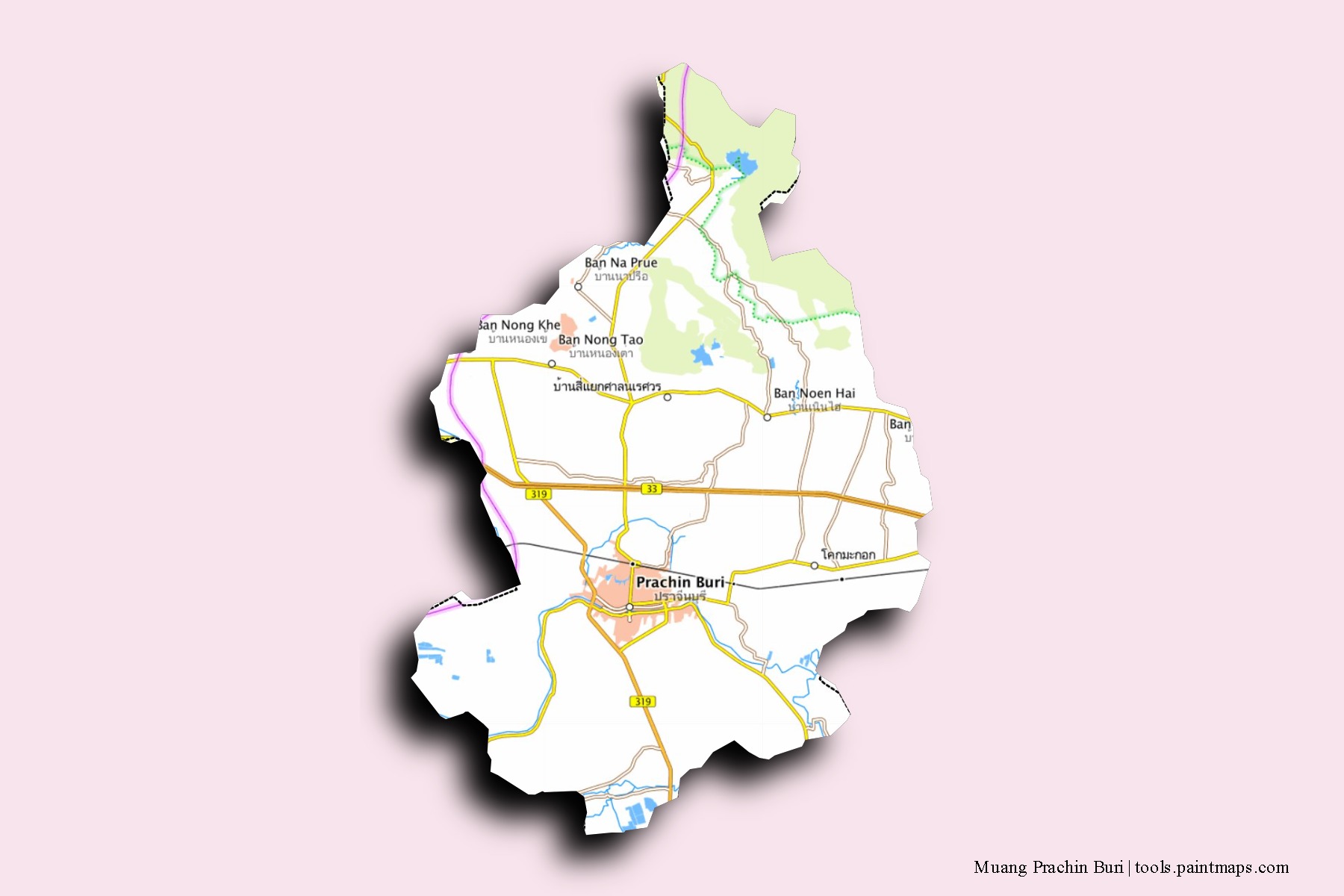 Mapa de barrios y pueblos de Muang Prachin Buri con efecto de sombra 3D