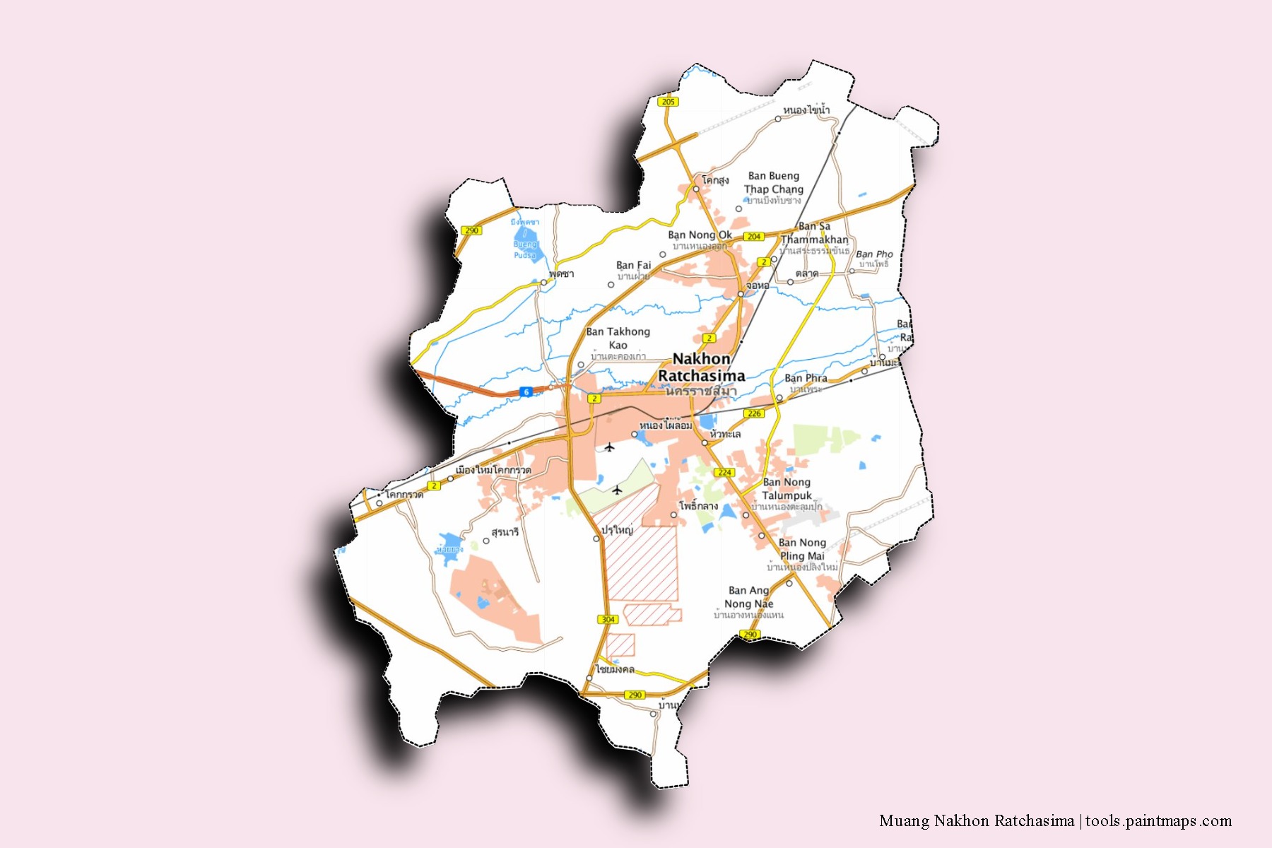 Mapa de barrios y pueblos de Muang Nakhon Ratchasima con efecto de sombra 3D