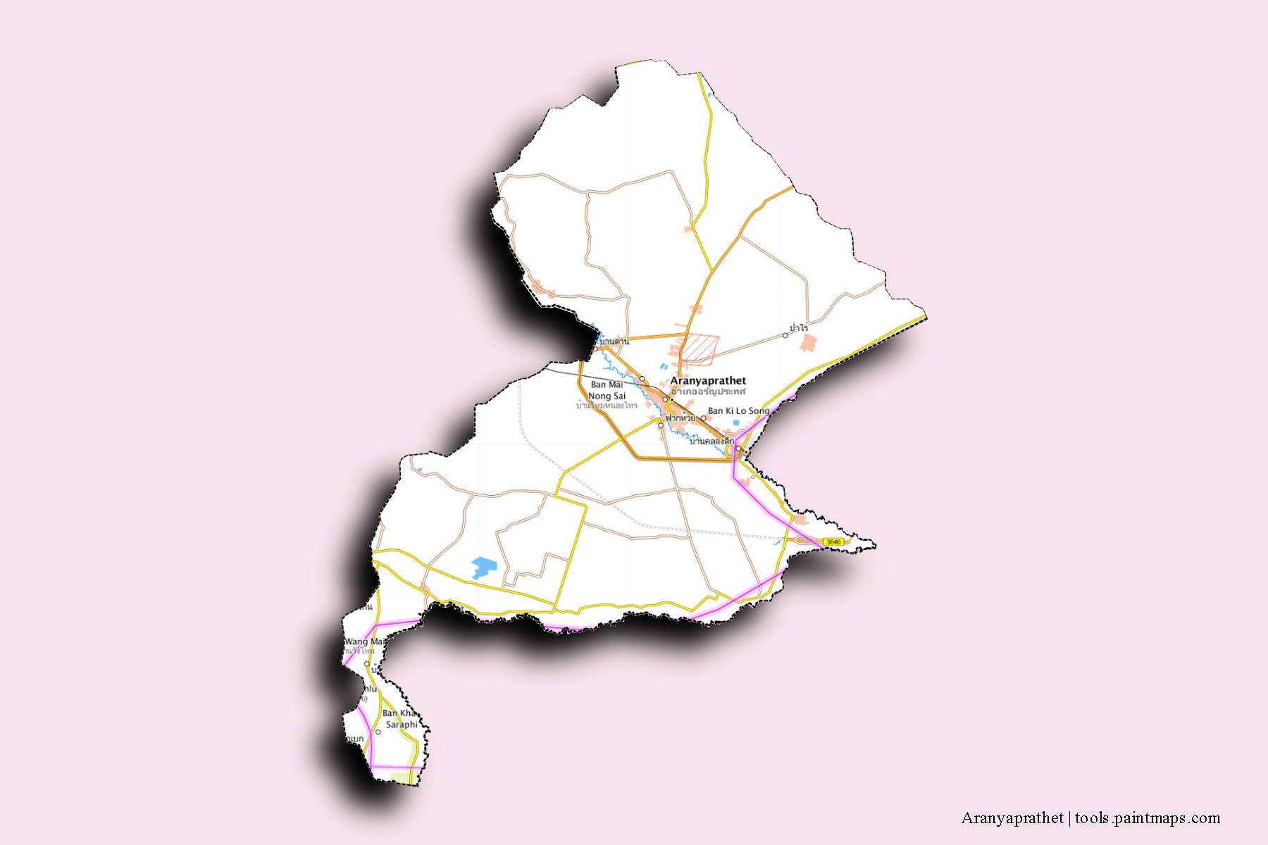 Mapa de barrios y pueblos de Aranyaprathet con efecto de sombra 3D