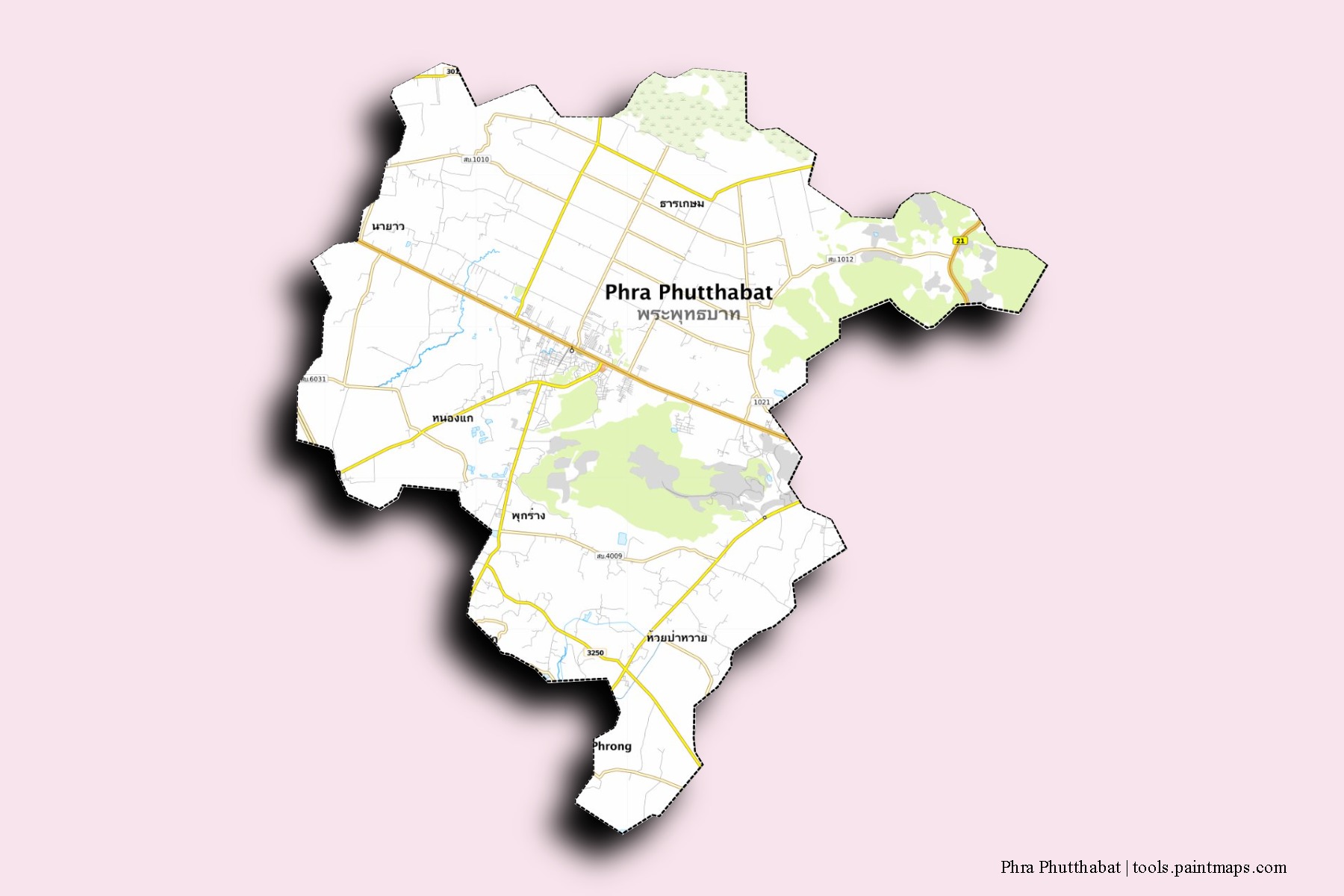 Mapa de barrios y pueblos de Phra Phutthabat con efecto de sombra 3D