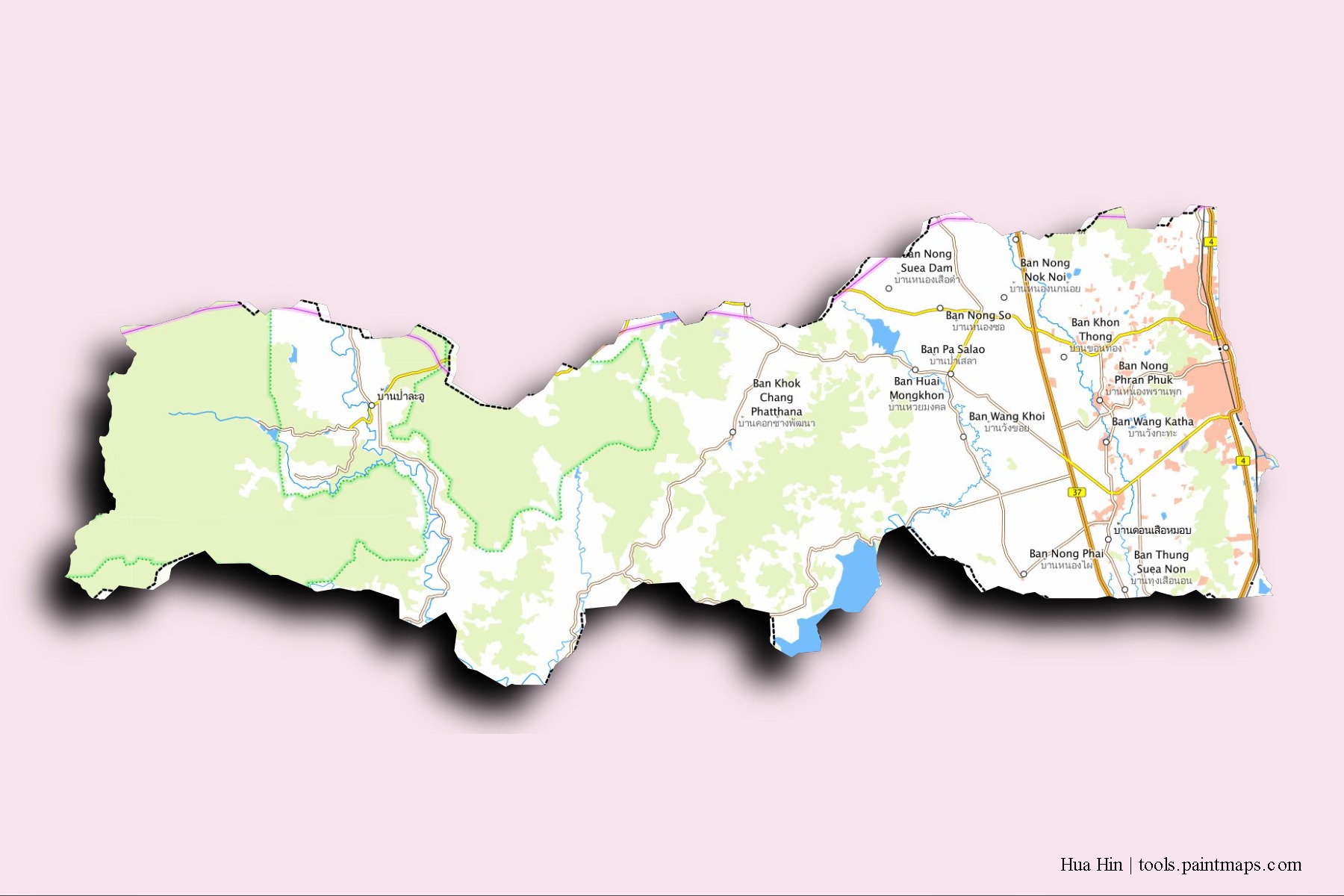 Mapa de barrios y pueblos de Hua Hin con efecto de sombra 3D