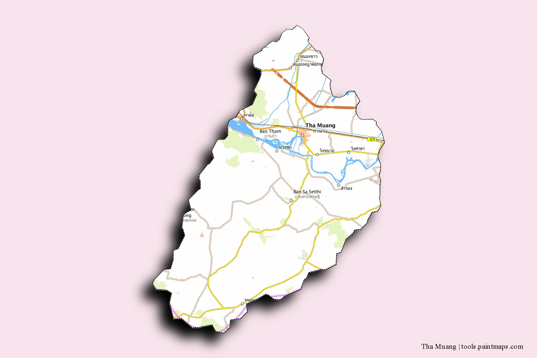 Mapa de barrios y pueblos de Tha Muang con efecto de sombra 3D